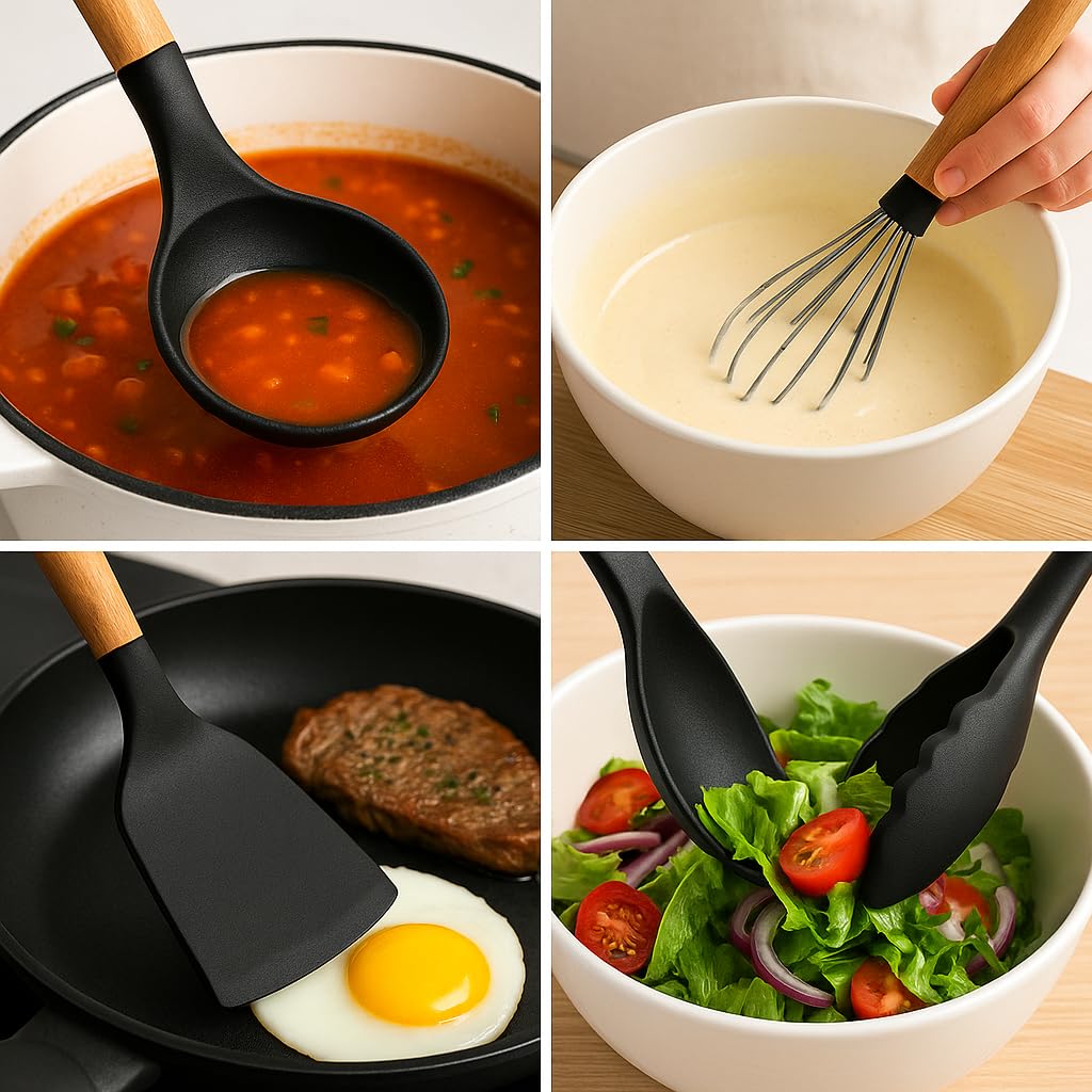 Klick n shop Juego de espátulas y utensilios de cocina de silicona, juego de cuchara para cocinar y hornear, 12 piezas antiadherentes con mango de madera, sin BPA, artículo resistente al calor,