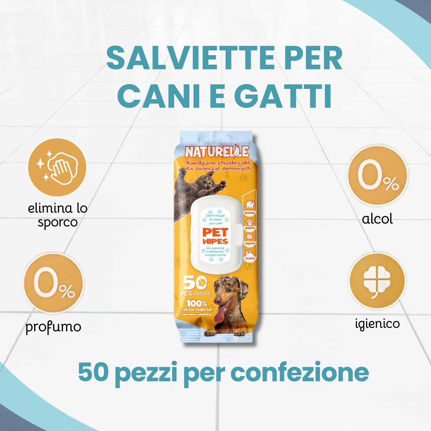Salviette per Cani e Gatti (1000 unità) – detergenti e idratanti – per Occhi, Orecchie, Zampe e Pelo – igiene Quotidiana Animale – Confezione 20 x 50 salviettine