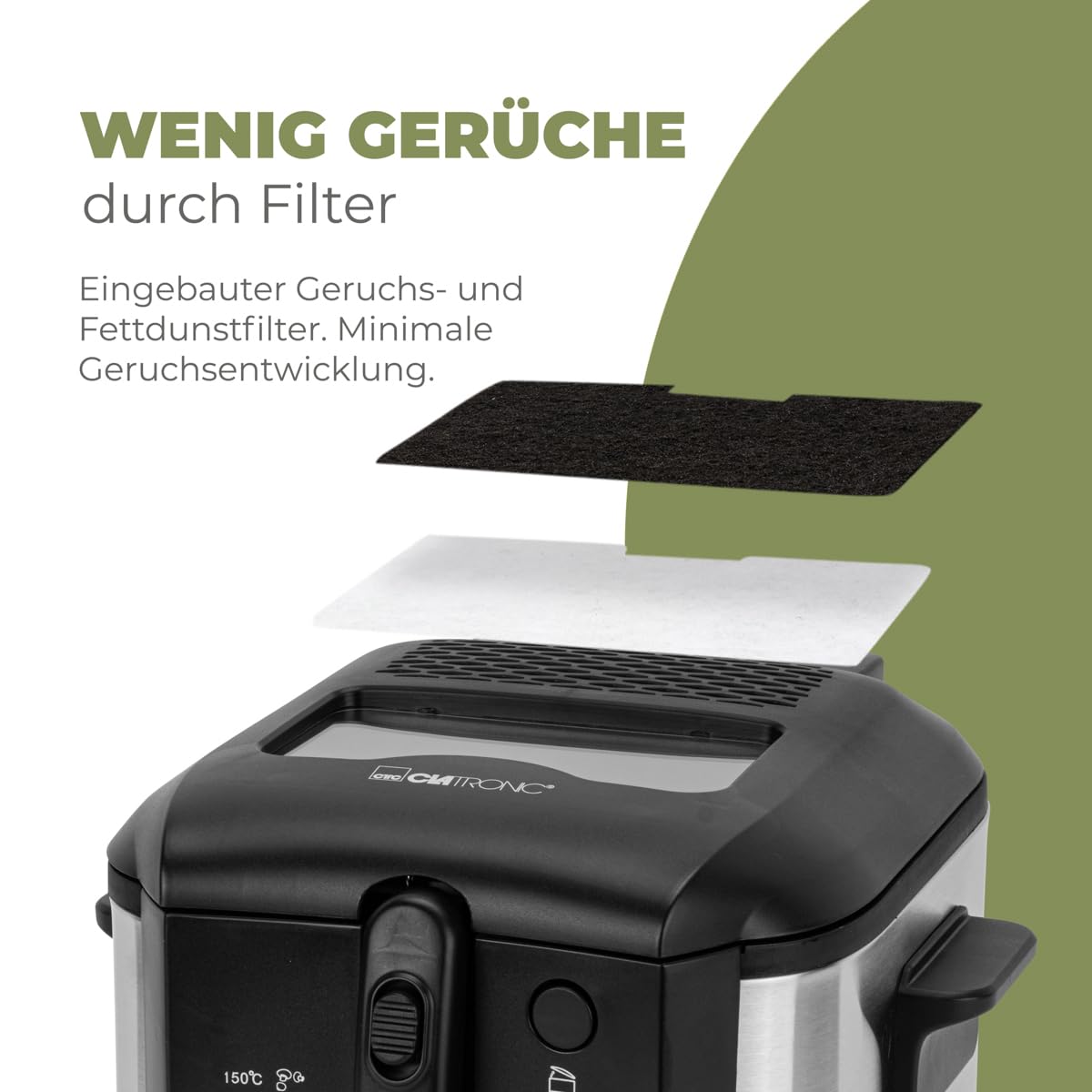 Clatronic® Friteuse mit Fett | 2,5 Liter | Fritteuse 130-190°C | Geruchs- und Fettdunstfilter | 1600W | Abtropfvorrichtung | Antihaft-Ölbehälter | Friteuse Öl | Fritteuse mit Öl | Fritöse FR 3649