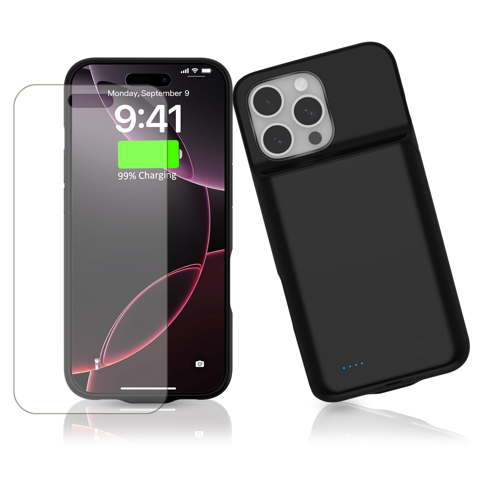 Akkuhülle für iPhone 16 Pro (6,3"), 7000mAh Powerbank Hülle ultradünn 15 W, Schnell Tragbares Ladegerät Battery Case, 360°-Schutz, Erweiterter Akku Ladehülle für iPhone 16 Pro, Schwarz