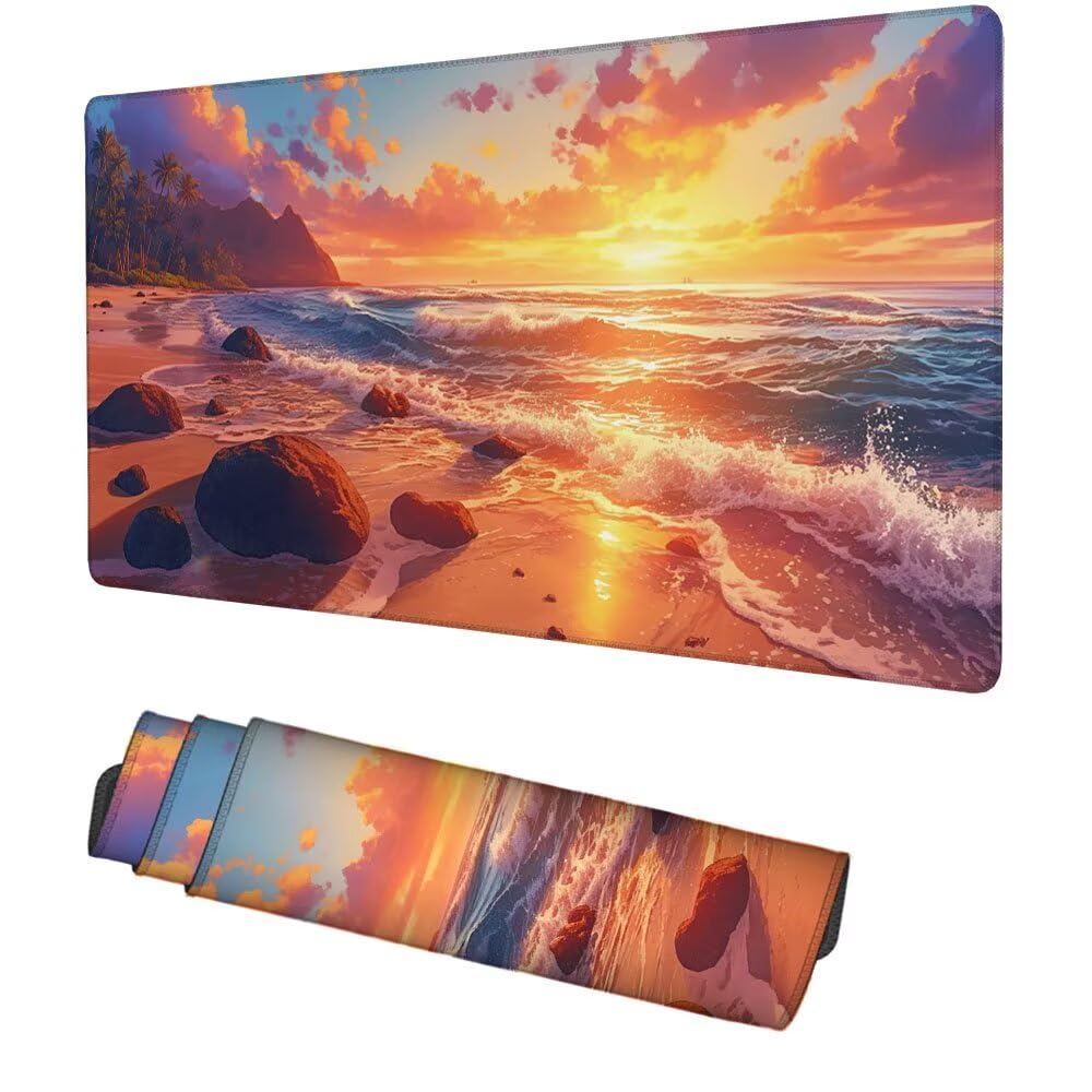 Podkładka pod mysz XXL 900 x 500 x 3 mm zachód słońca pomarańczowa podkładka pod mysz do gier akcesoria do gier, wysoka precyzja i prędkość ze zszytymi krawędziami i antypoślizgową podstawą, do biura