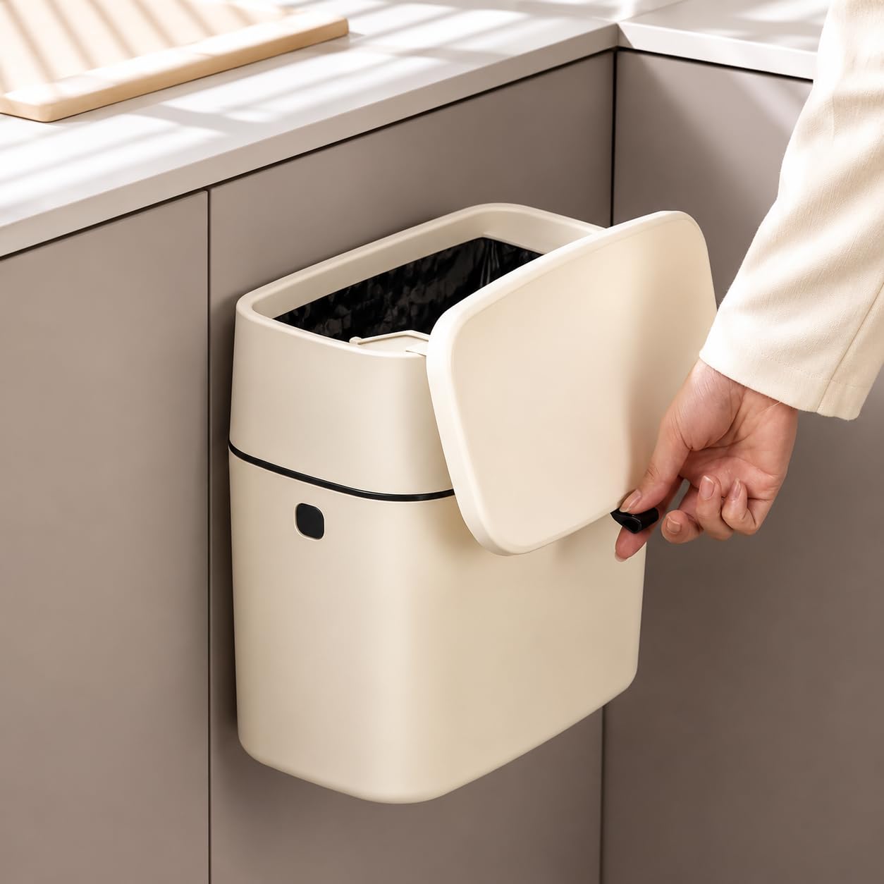 TAGGY Wall Mounted Hanging Kitchen Dustbin with Lid, Cabinet Door Trash Bin for Kitchen Bathroom Office, Space Saving Garbage Can, Easy Install Waste Bin with Hidden Garbage Bag Design-image-16