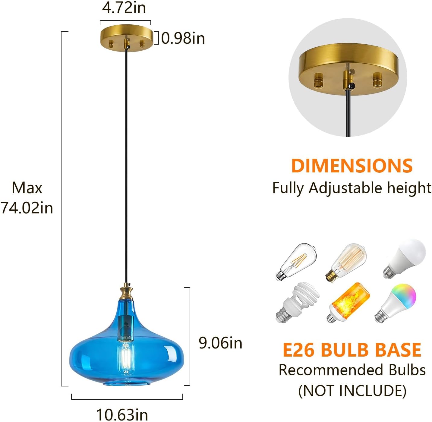 Modern Glass Pendant Light 10.63 in Blue Glass Shade Gold Farmhouse Island Pendant Lights for Kitchen Pendant Lighting Over Sink Bedroom Dining Room