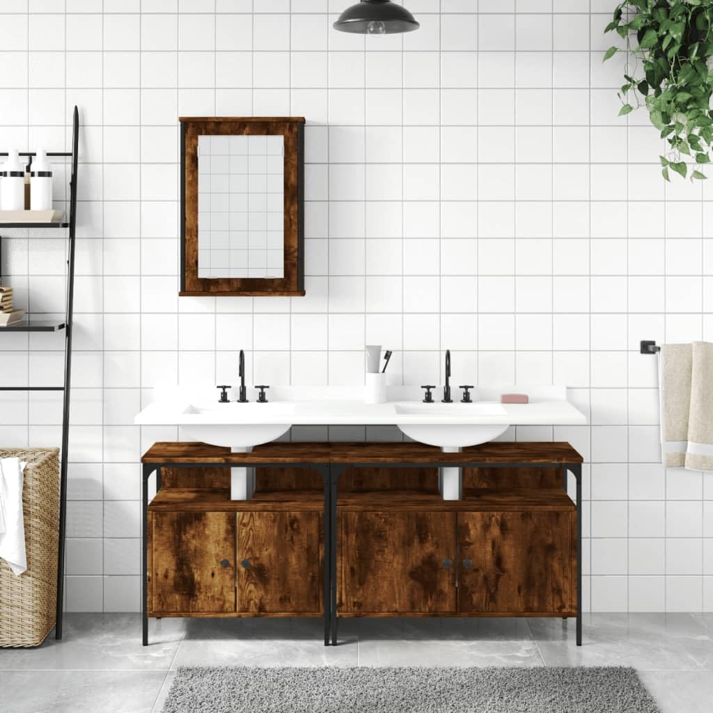 3-TLG. Badmöbel-Set Räuchereiche Holzwerkstoff mit Waschbeckenunterschrank und Spiegelschrank, viel Stauraum, platzsparendes Design, klare Spiegelglasfläche für Make-up und Rasur,