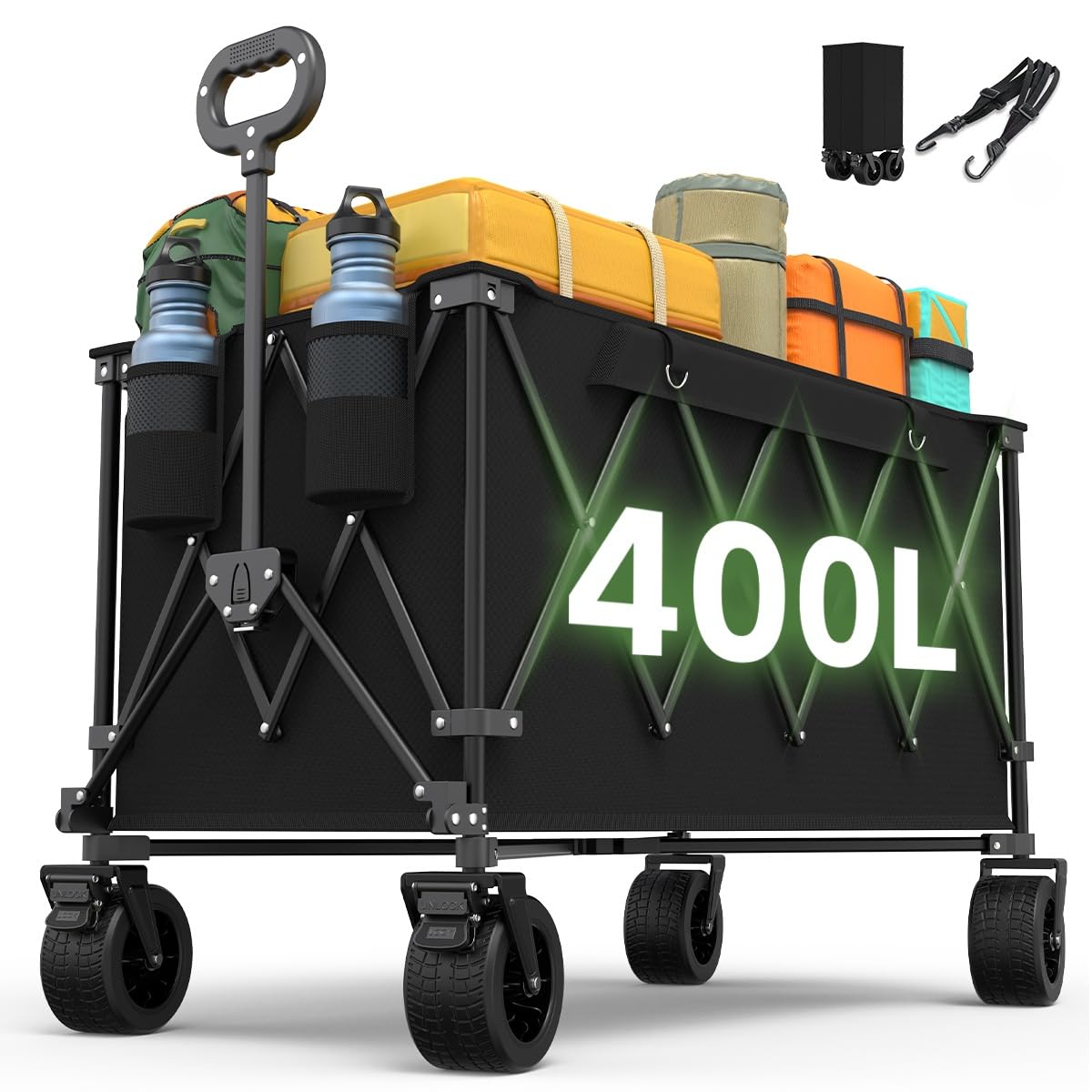 YADEZZN 400L Festival Trolley on Wheels, Super Large Capacity Camping Cart, 10cm Wide Wheels, Portable Folding Wagon for Family, Garden, Beach, Picnic, Shopping, Fishing