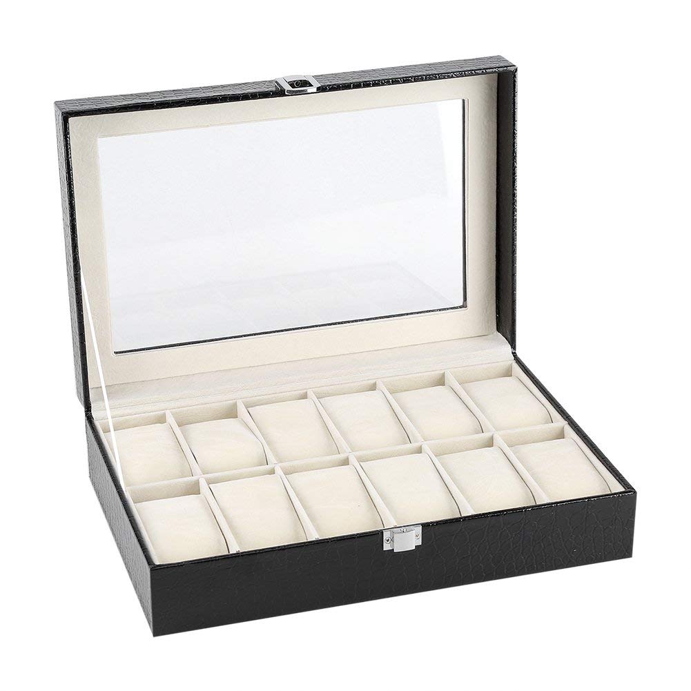 Fdit Grande boîte à montres en cuir synthétique à 12 emplacements pour montres et bijoux - Avec couvercle en verre et verrou en métal - Pour homme et femme (noir)