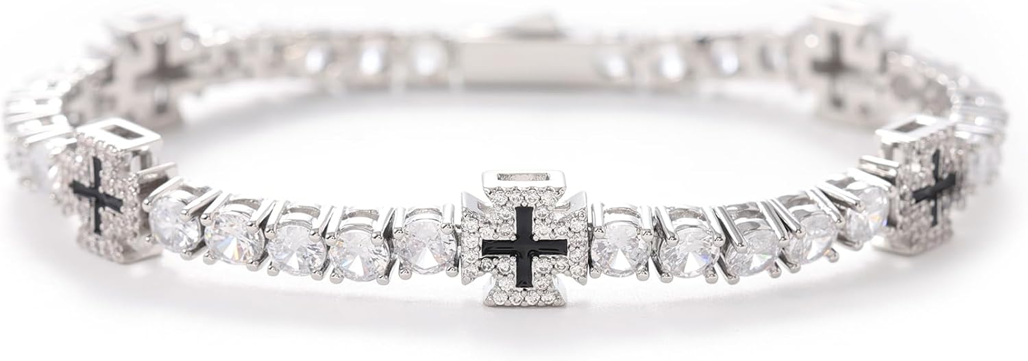 LuxeFlex Iced Out 4mm Black Cross Tennis Bracelet, Unisex White Gold Plated Sparkling 5A Cubic Zirconia Hip Hop Religious Jewelry Gift