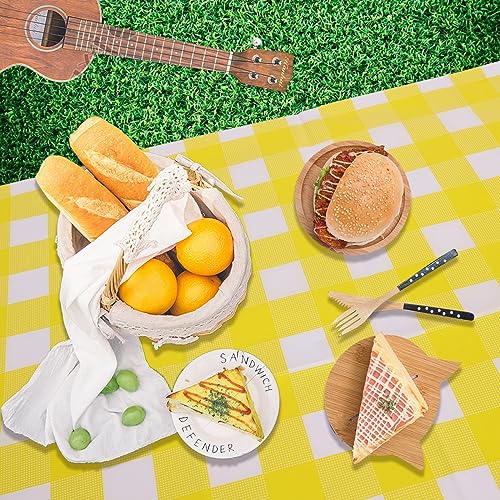 Image of Kesfey 3 Packs Yellow Gingham Tablecloth 54 x 108 Inches Yellow and White Checkered Table Cloths Disposable Plastic Gingham Tablecovers Waterproof Rectangle Picnic Plaid Table Cover for Camping Party