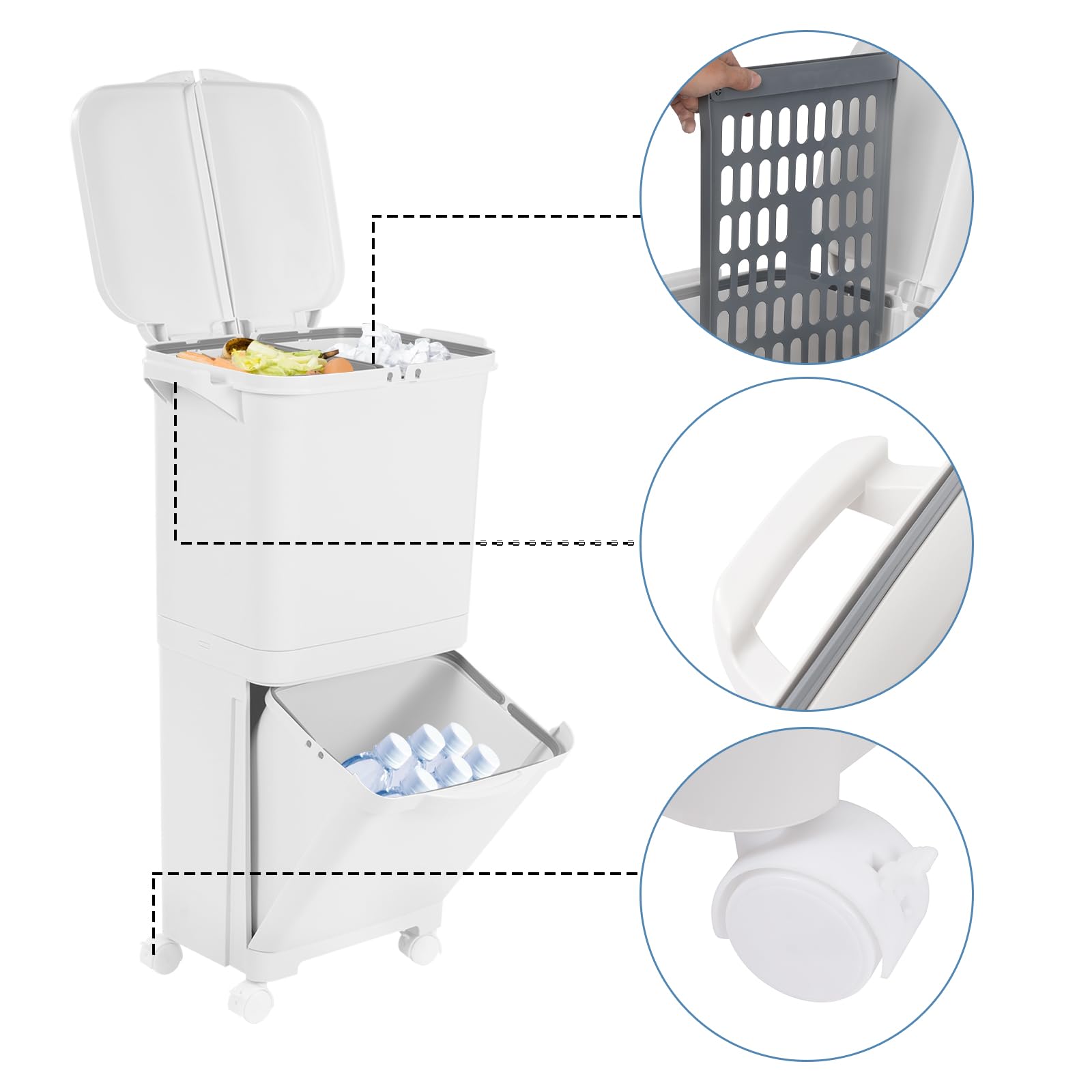 Pattumiera Differenziata 45L Cucina con Ruote Doppio Contenitore | Secchio verticale per smistamento, coperchio richiudibile, pattumiera da cucina e ufficio, secca e naso
