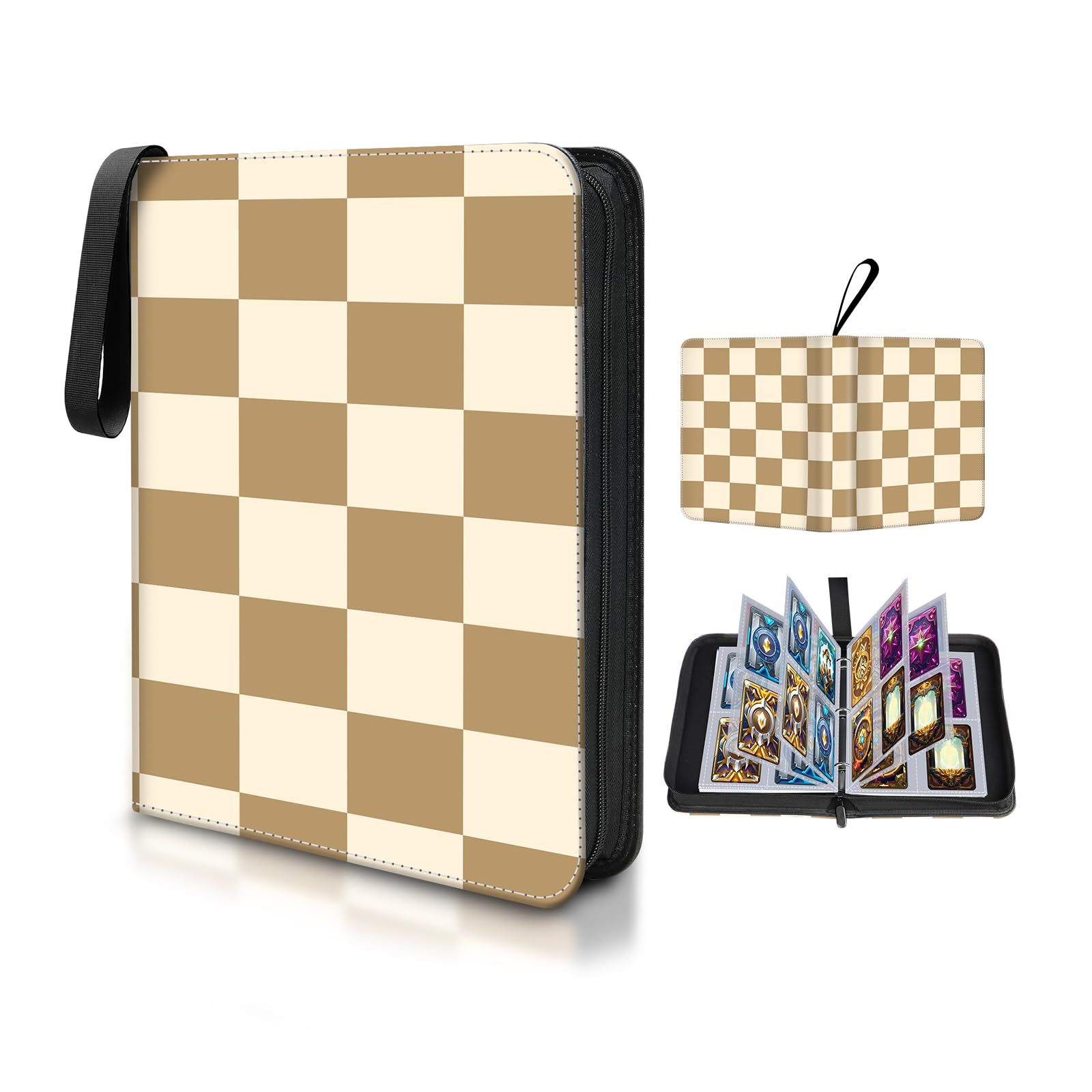 Card Binder 4 Pocket,Collectible Trading Card Albums Fits 400 Cards with 50 Removable Sleeves,Portable Trading Collection Album Holder,Game Card Case book With Zipper for Gifts,Beige checkerboard