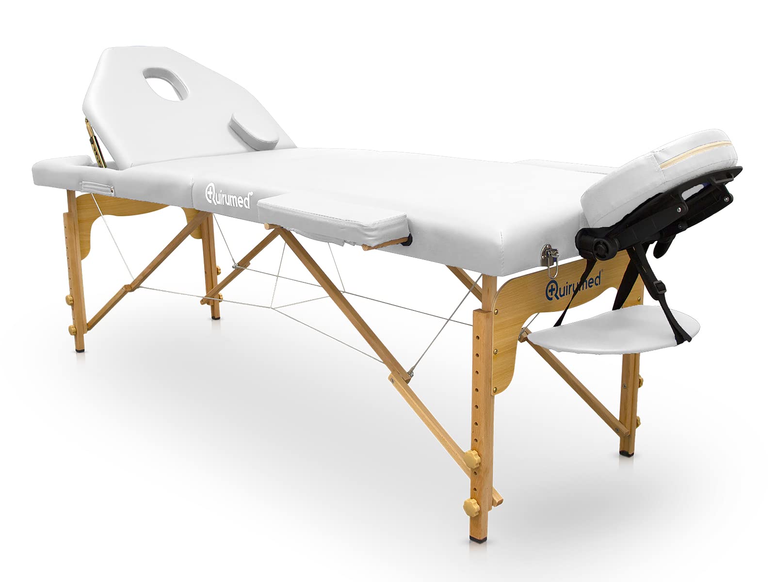 QUIRUMED Lettino pieghevole in legno Pro, 194 x 70 cm, con schienale ribaltabile, colore bianco, ecopelle, foro viso, testa rimovibile, altezza regolabile, fino a 150 kg