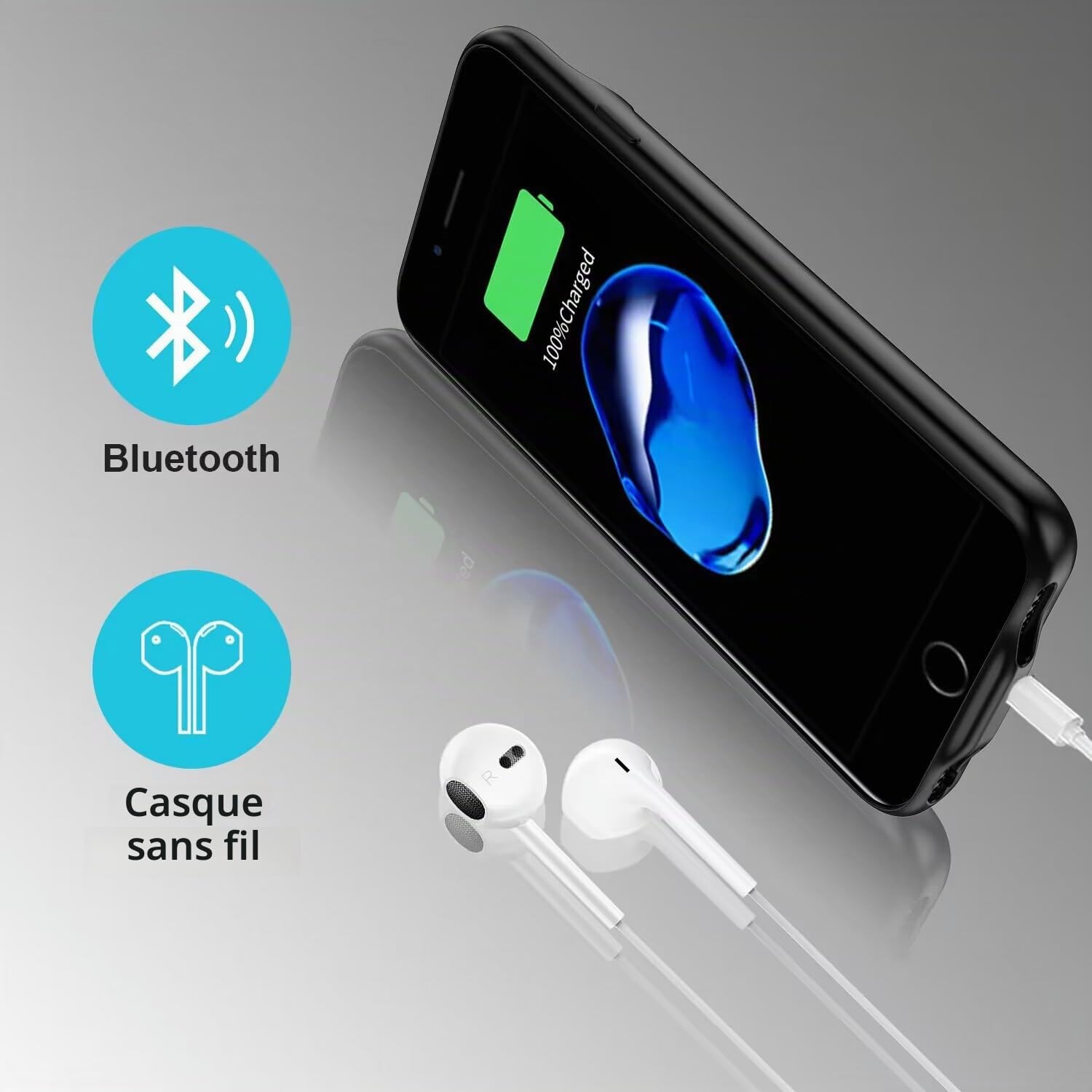 Coque de batterie pour iPhone 8/7/6S/6/SE 2020, 6800 mAh, étui de chargeur portable, batterie rechargeable, coque de chargement pour iPhone 6/6S/7/8/SE 2020 (4,7 pouces), noir