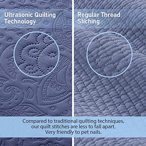 Image of Qucover Oversized King Bedspreads, 3 Piece Soft Microfiber Lightweight Oversized King Quilt 128x120, Elegant Paisley Ultrasonic California King Bedspread Bedding Coverlets, Navy Blue