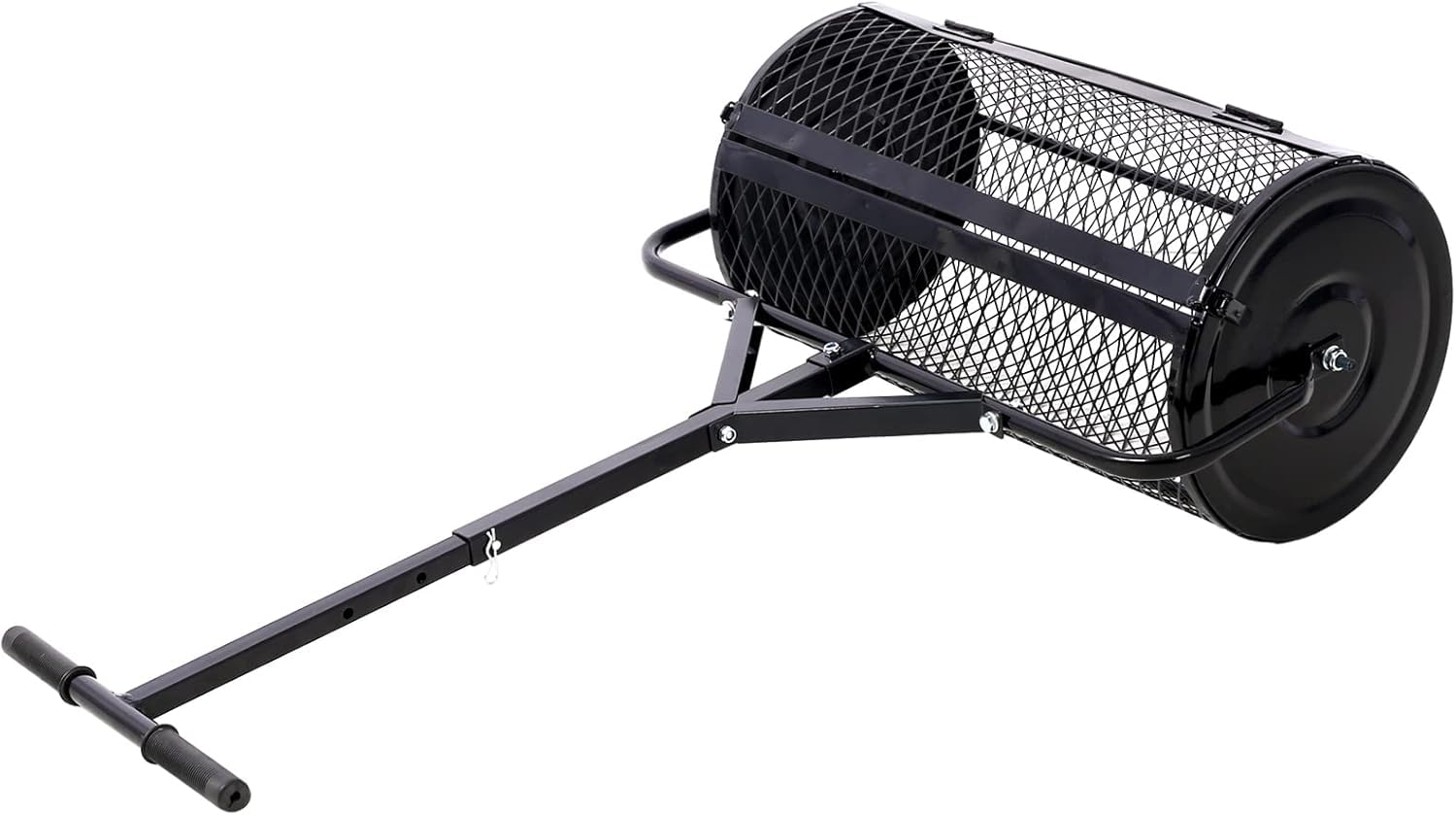 Distribuidor de compost - Rodillo de turba de 61 cm con mango ajustable en forma de T, ligero, de malla metálica, para césped, esparcir estiércol y tierra vegetal, color negro, con ranuras abiertas