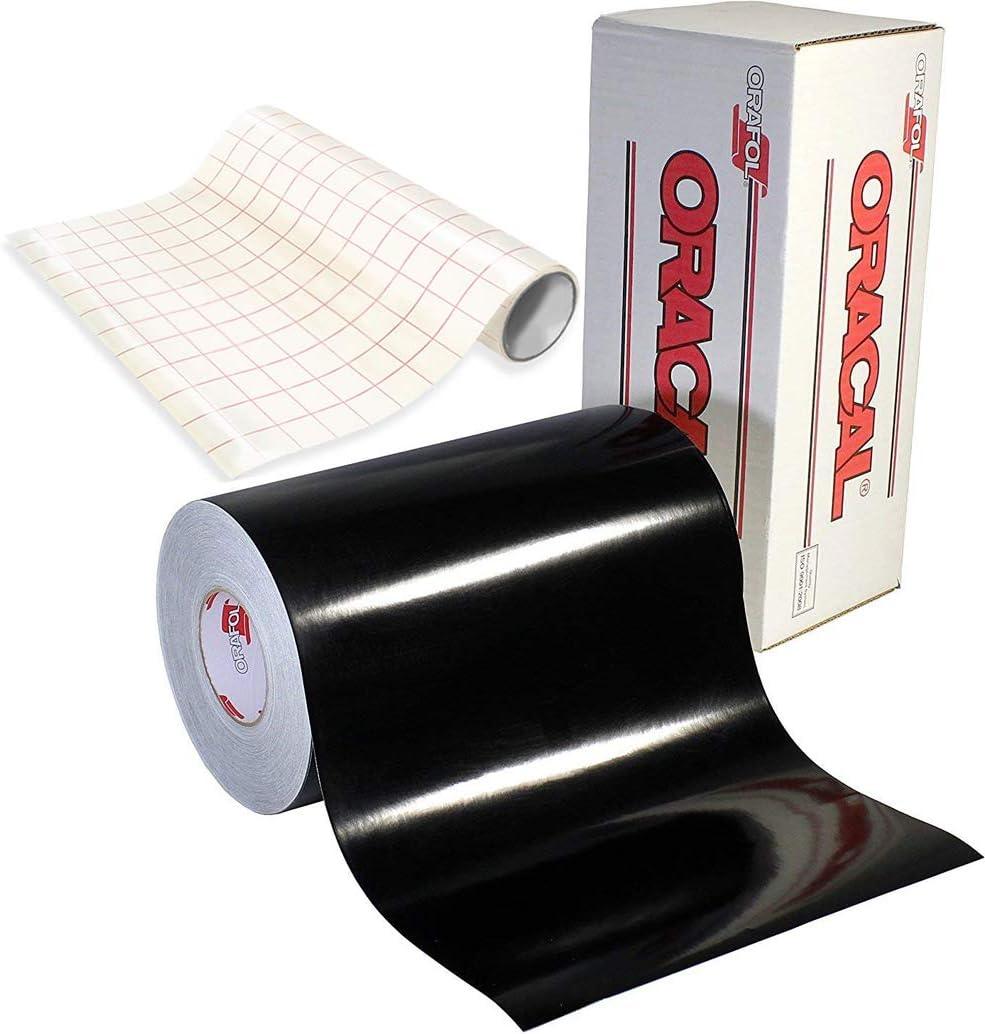 ORACAL 651 Gloss Black Adhesive Craft Vinyl for Cameo, Cricut & Silhouette Including Roll of Clear Transfer Paper (50ft x 12 Inch)
