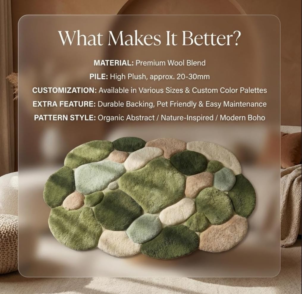 3D Pebble Stone Area Rug, Green Beige and Blush, Fluffy Tufted, Irregular Shape, Living Room Decor (Green with Olive Green, 7'6" x 9'6" Feet)