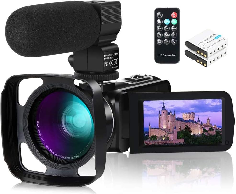 Camcorder Video Camera,1080P 30FPS IR Night Vision YouTube Vlog Camera 16X Digital Zoom Touch Screen Video Recorder with Microphone,Wide Angle Lens,Remote Control,2 Batteries and Lens Hood