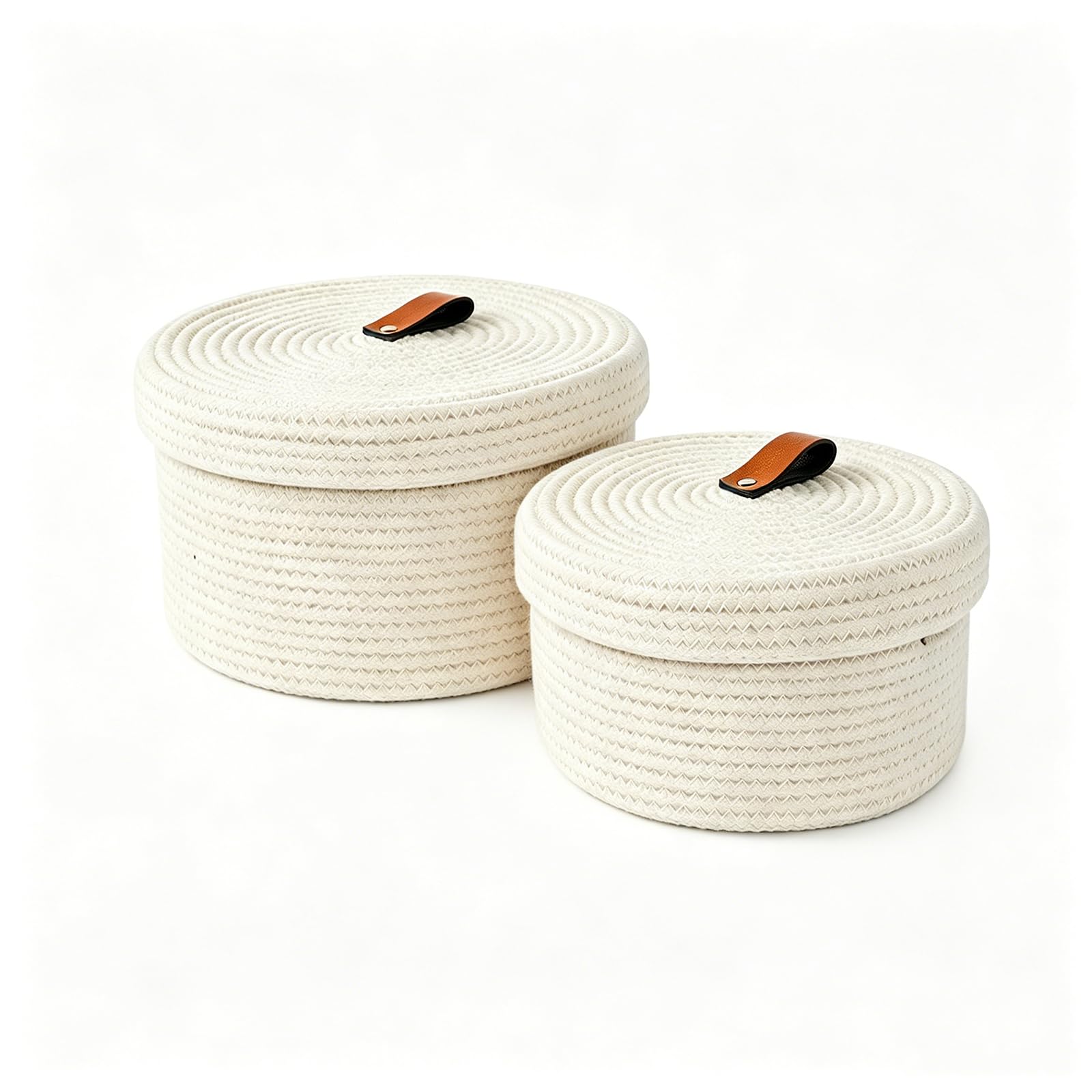 2 cestini portaoggetti con coperchio, in filo di cotone intrecciato con maniglia, cesto decorativo lavabile con coperchio, organizer multifunzione per scaffali, soggiorno e bagno (beige)