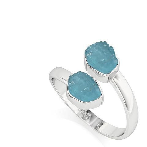 LUSTRE AND LIGHT Natural Raw/Rough Paraiba Apatite 2 Stone Size Adjustable Stackable Twister Ring for Women in Sterling Silver, May Birthstone Jewelry Gifts for Her (Bezel-Set)