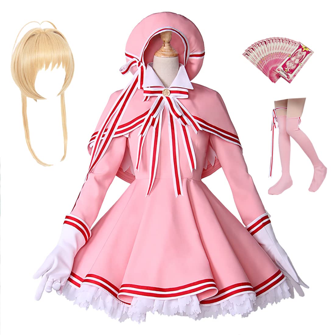 BIUTEY Card Captor Cosplay Costume Anime CardCaptor Cosplay Dress Pink Cloak Uniform Suit with Hat Halloween Outfit