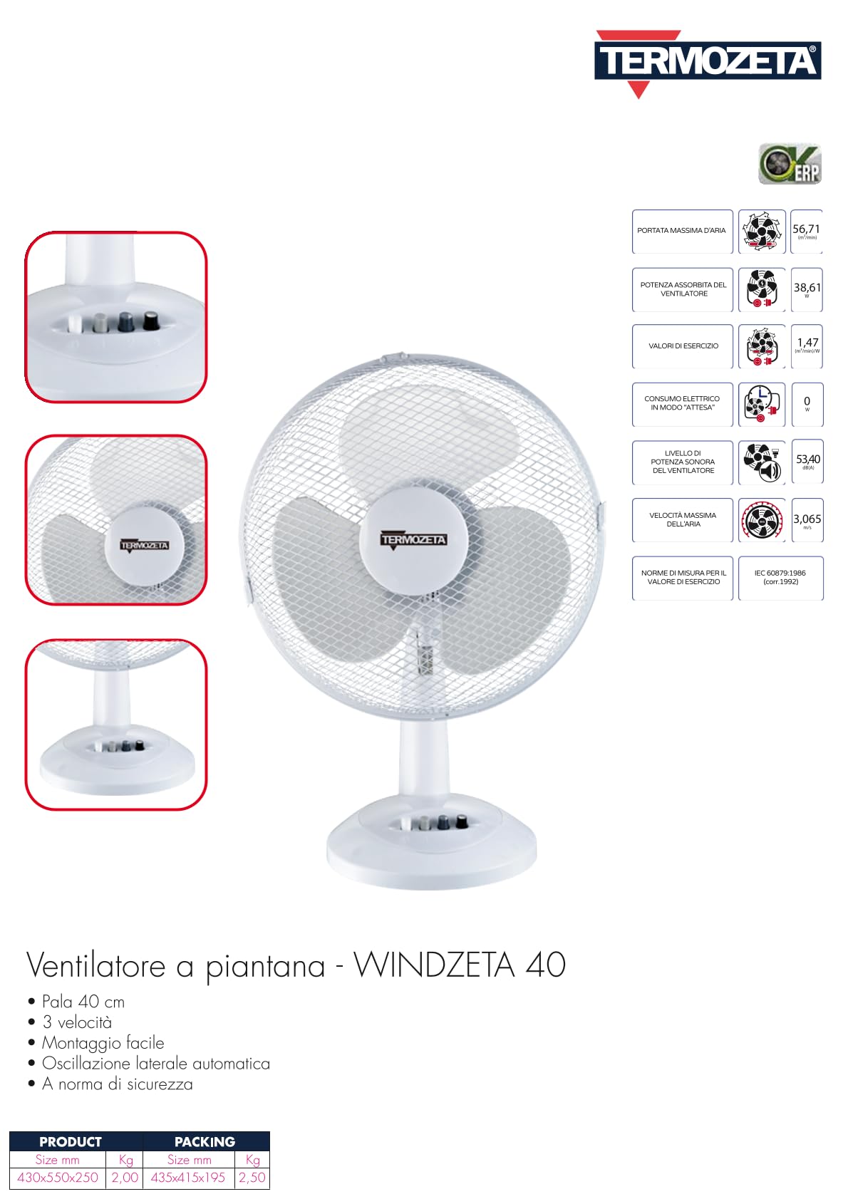 Ventilatore da tavolo 40 cm design elegante Windzeta 40 Termo zeta TZWZ05