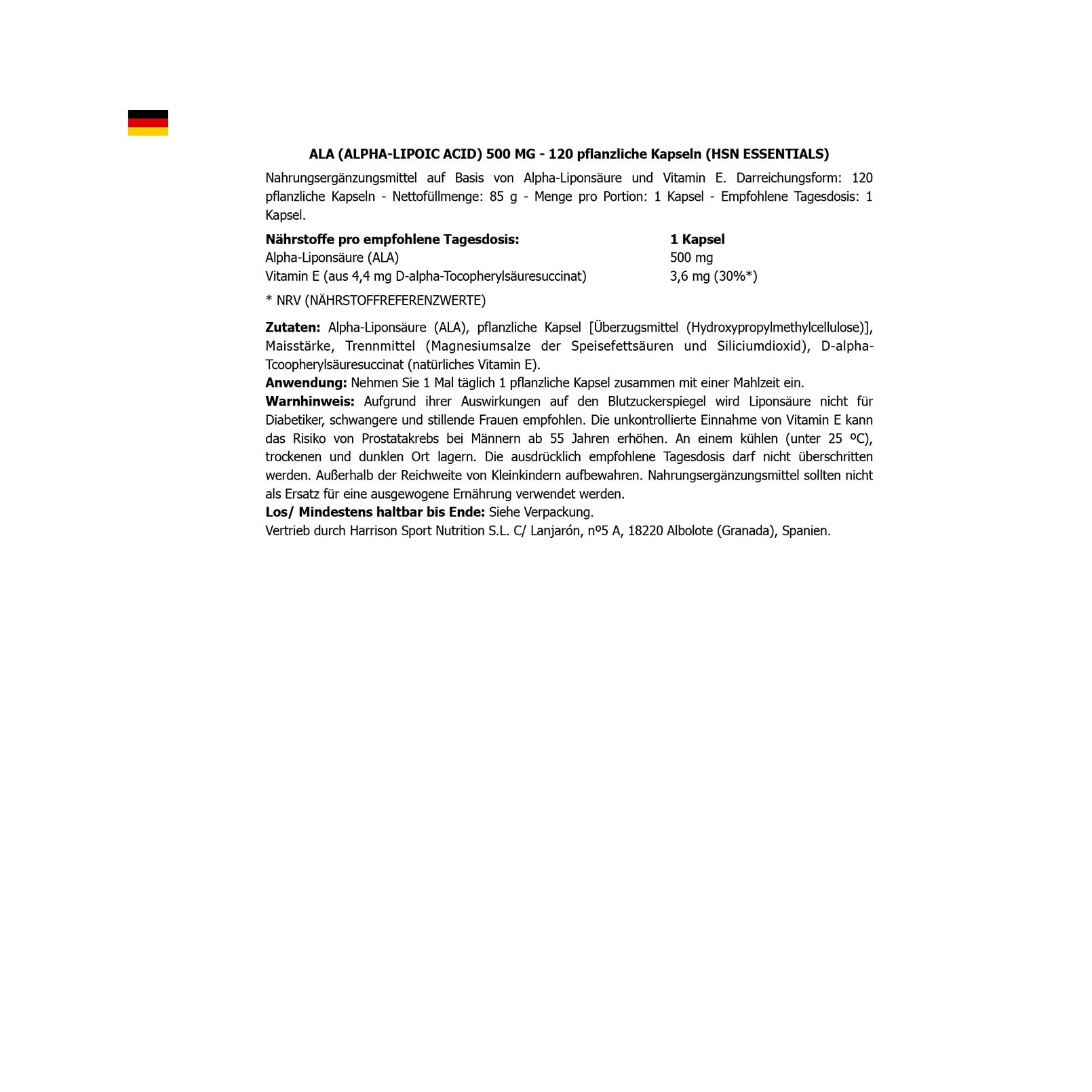 HSN - Alpha-Liponsäure | ALA 500 mg | 4 Monatsvorrat | Antioxidans + erhöht den Glutathionspiegel + Anti-Aging | Vegan, glutenfrei, laktosefrei, 120 pflanzliche Kapseln