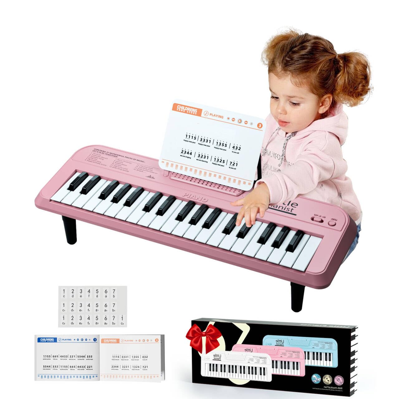 37 Keys Keyboard Piano for Kids, Pink Portable Music Toy for 2 Years Old Girls, Early Learning Educational Electronic Musical Instrument First Birthday Gifts for Toddler Aged 3 4 5 6 7 8 9