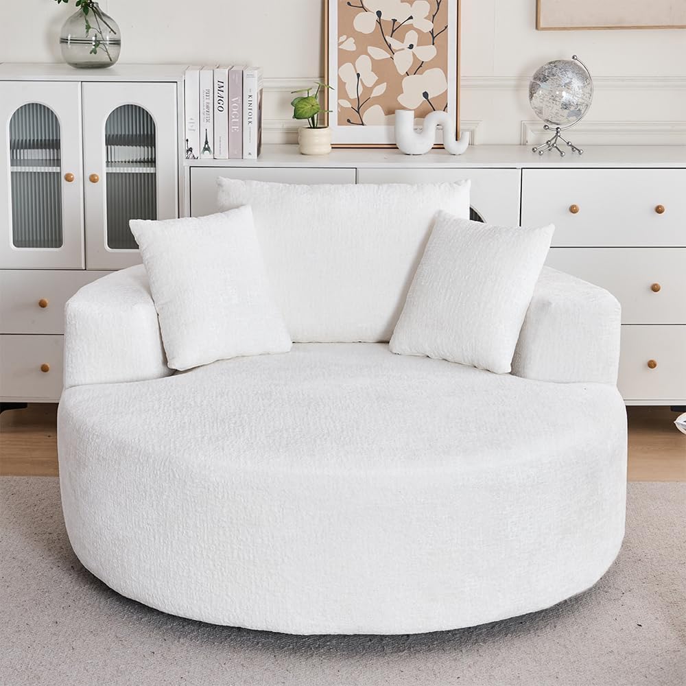 54" 360°Swivel Floor Sleeper Sofa, Mid-Century Tufted Sleeper Chair with Chenille Fabric, Upholstered Loveseat Sleeper Sofa with Space-Saving for Living Room and Lounge, Beige