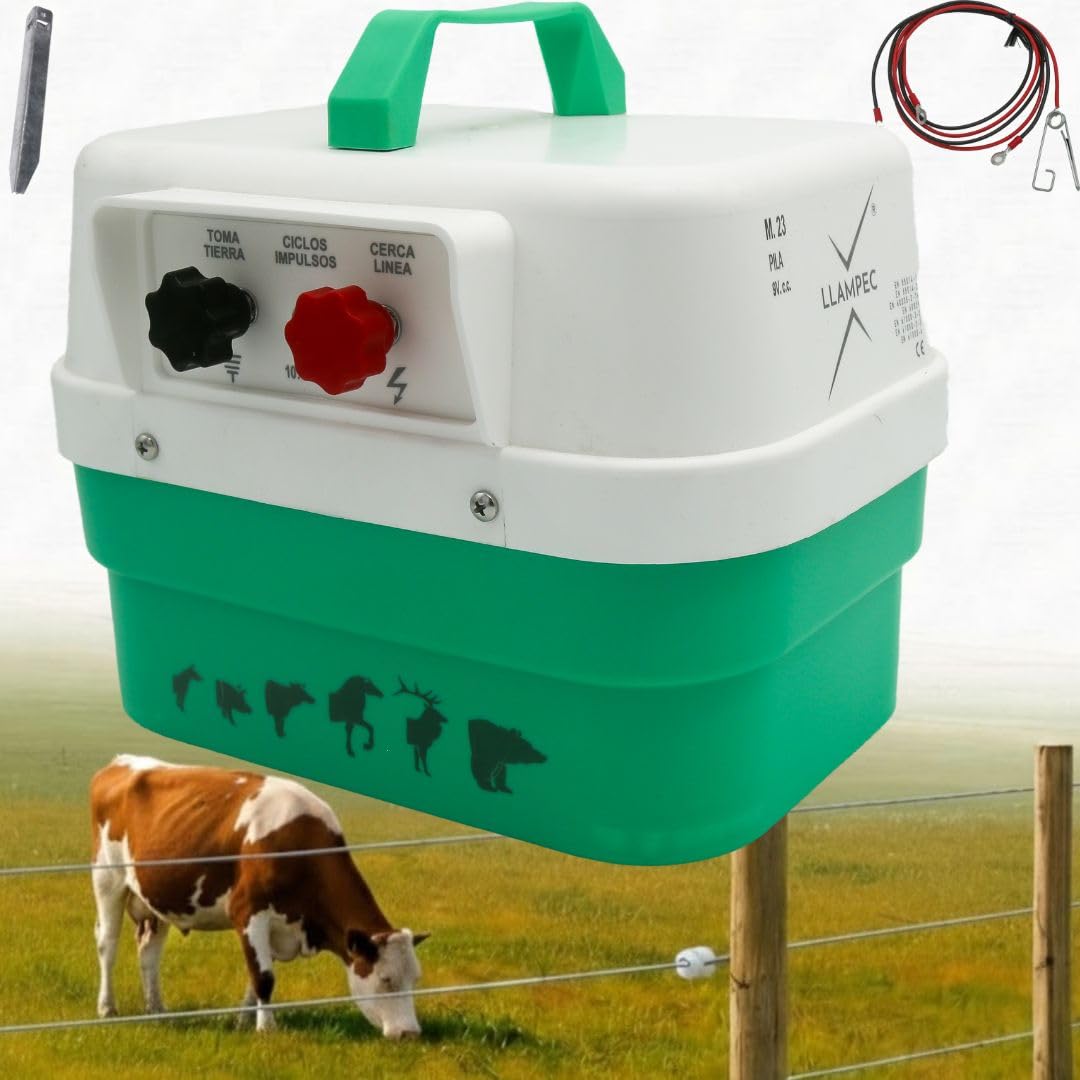 Pastor eléctrico Llampec Mod.23 a pila 9V – 0,76 J, 9.500 V y 9 km de alcance – Especial para perros, caballos y ganado vacuno – Autonomía de 75 días con batería 9V 75Ah no incluida