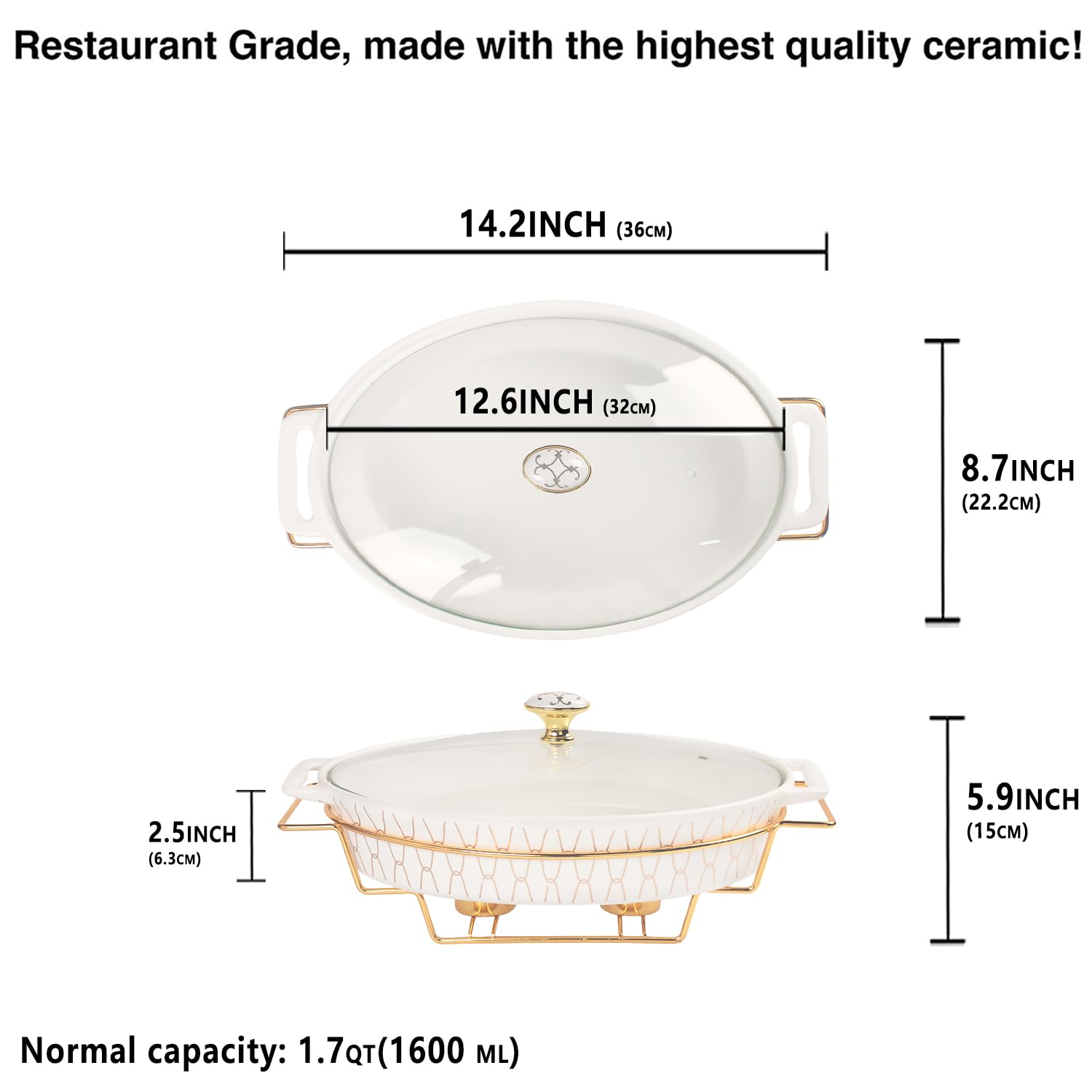 jinsongdafa Ceramic Casserole Dish with Glass Lid and rack, 54 ounce Serving Soup Tureen,Chafing Dish for Buffet, Family Food preserve Tray, Catering Casserole for Party Style, White 14.2 Inch Oval