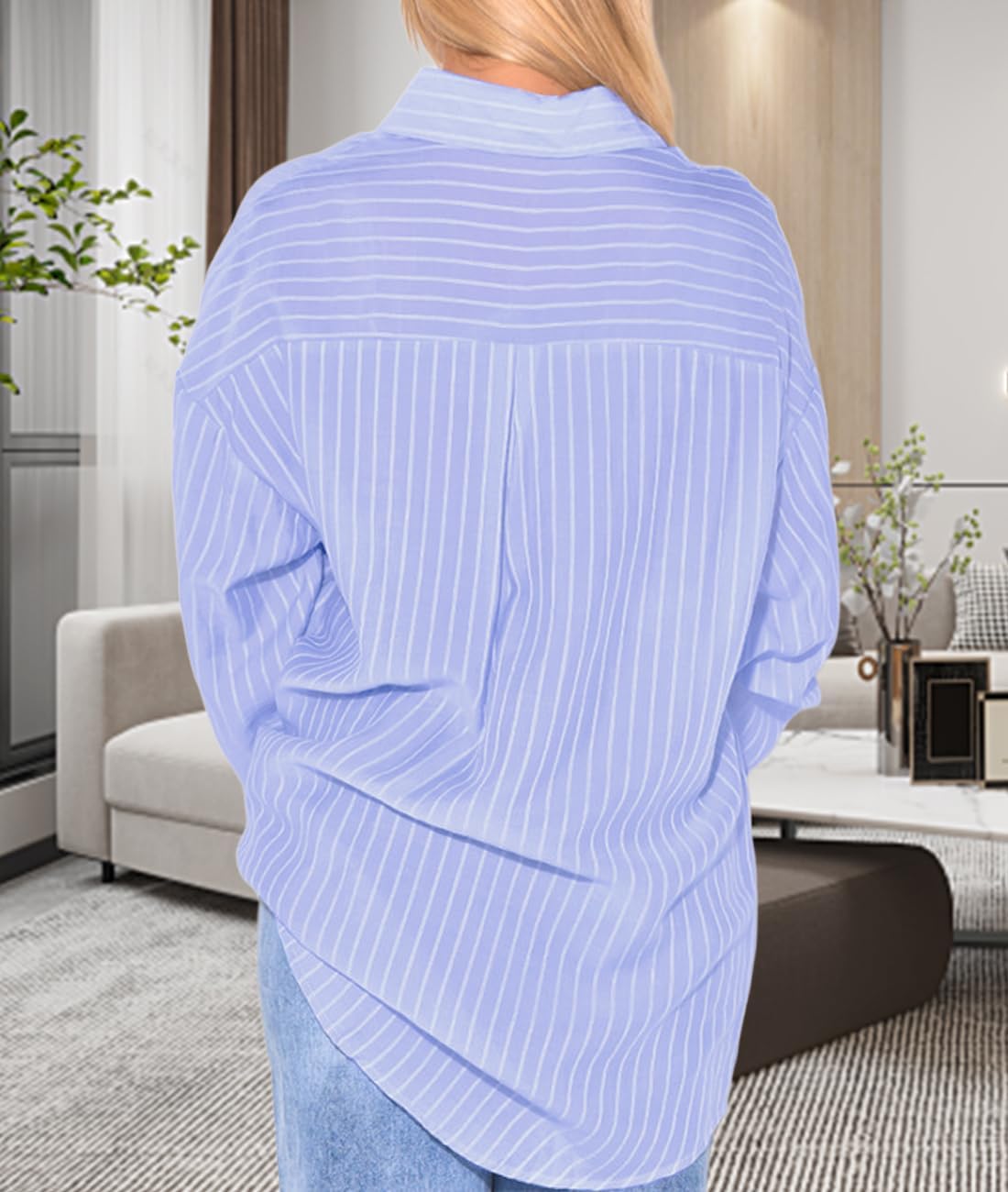 Women's Button Down Shirts Striped Dress Shirt Long Sleeve Collared Casual Blouses Tops - Image 3