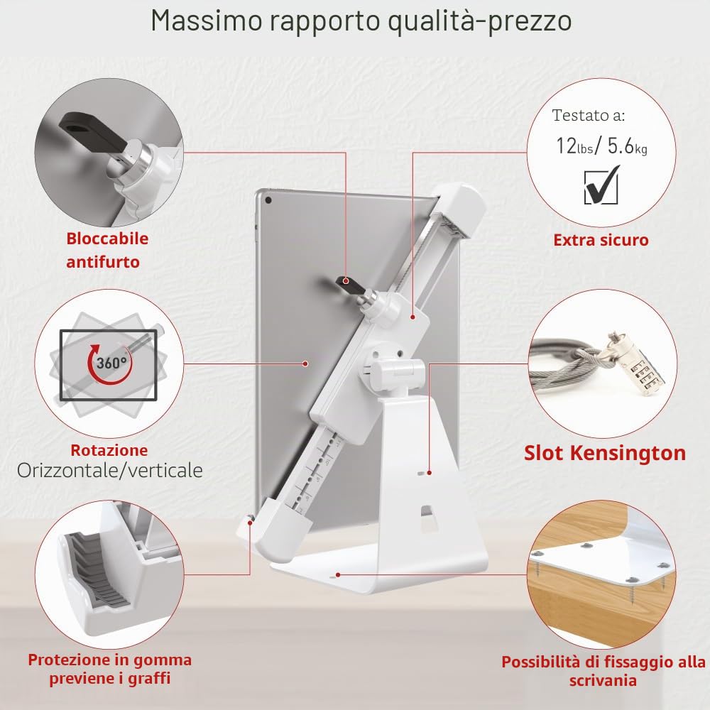 Barkan Supporto per tablet da 7 a 14 pollici, fisso, girevole a 360 gradi, per iPad, Samsung Tab, Fire HD e altro ancora, supporto da parete fisso per tablet da parete bianco