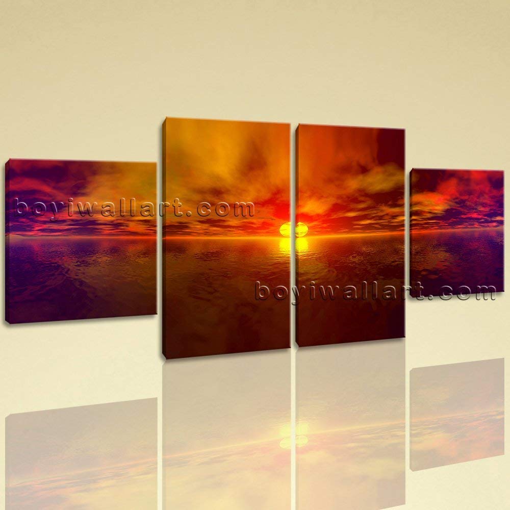 Large Seascape Wall Art Sunset Print Painting On Canvas Dining Room 4 Panels, Large