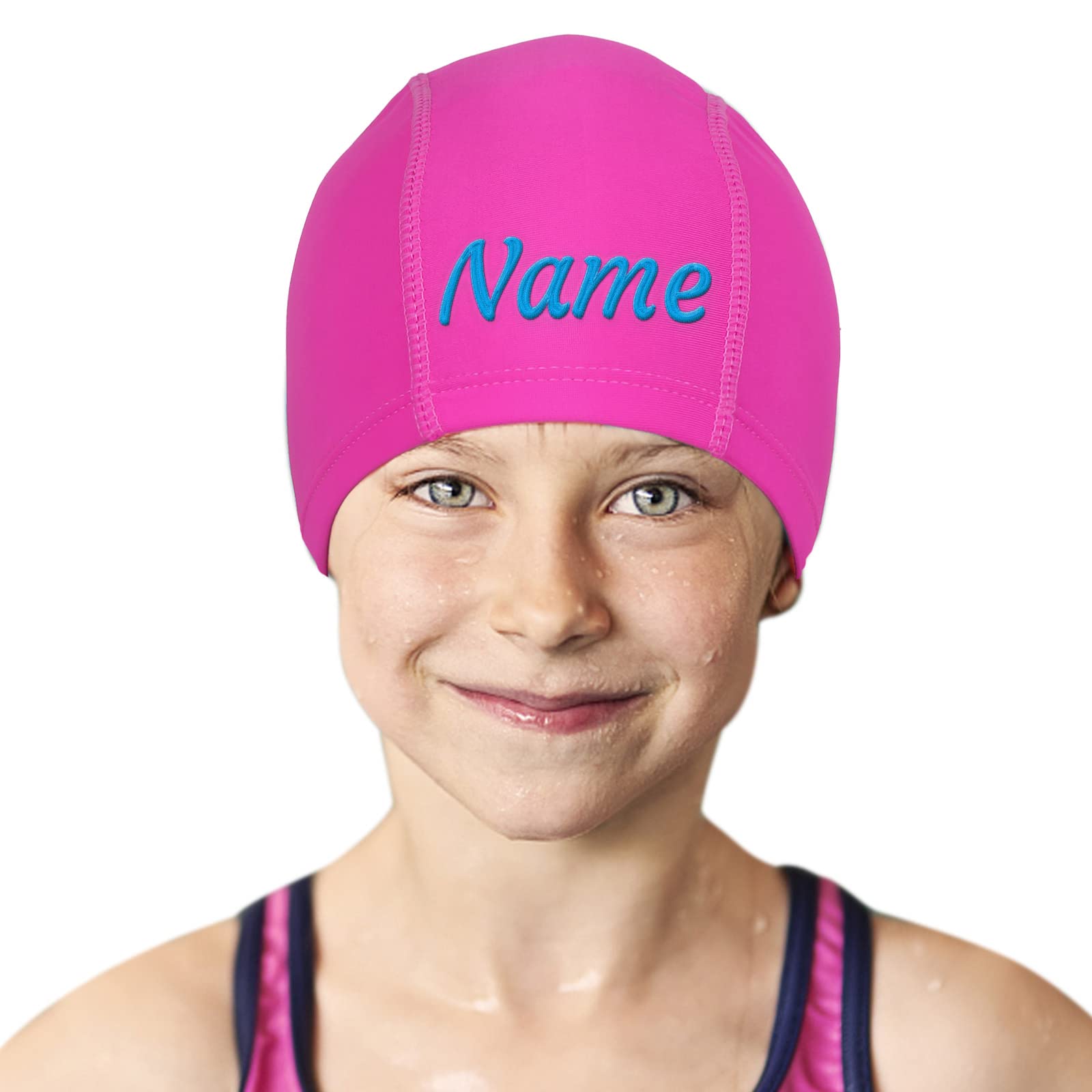 Kids Swim Cap,Custom Personalized Name Embroidery,Nylon Fabric,1 pcs Swim Caps for Boys Girls (Pink)
