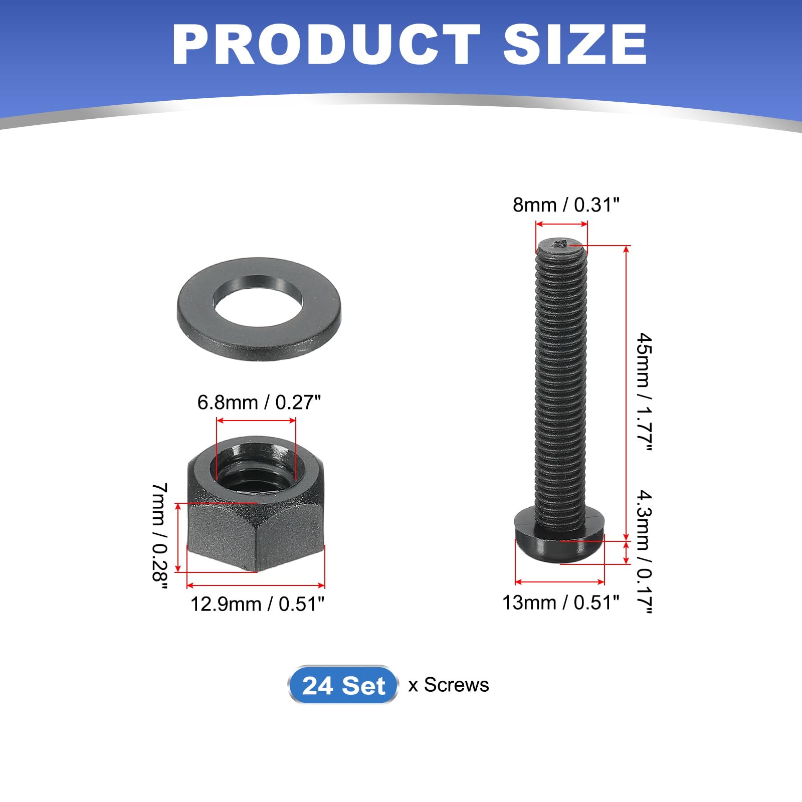 PATIKIL M8x45mm Black Nylon Bolts Plastic Nuts Full Thread Head Screws, 24 Pcs, M8*45mm - Image 2