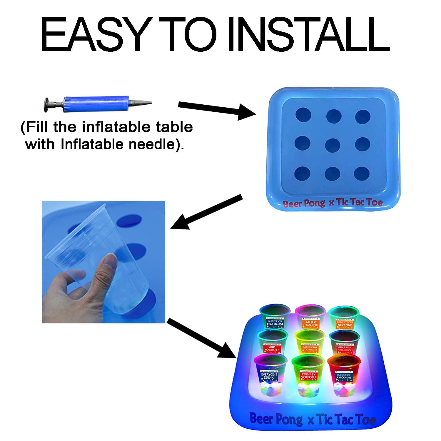 Estante flotante de 23 x 23 pulgadas para fiesta en la piscina, balsas flotantes de Tic Tac Toe, juego de fiesta de piscina, juego de bebida y soporte para bebidas, incluye 1 balsa, 9 tazas y 10 bolas 6