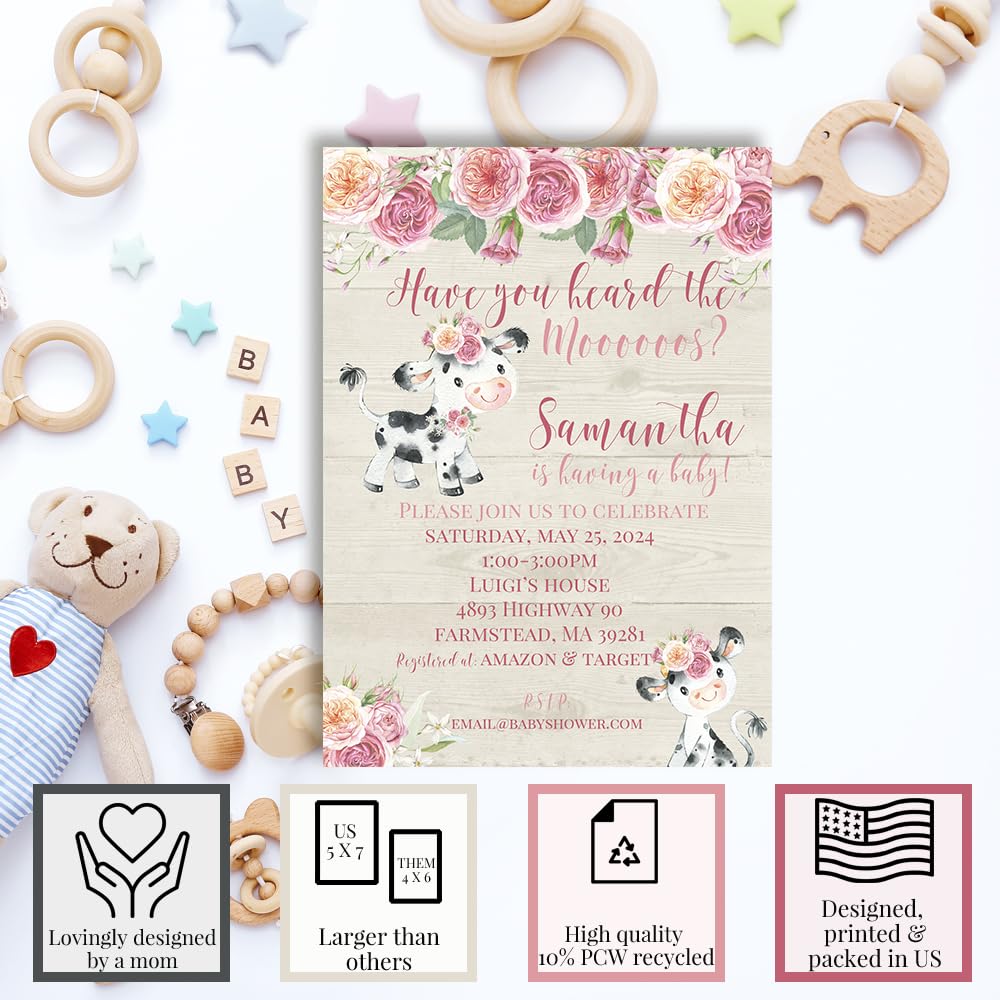 Custom Baby Shower Invites Pink Cow Baby Shower Invitation 30 Pack 5x7 Custom Personalized Watercolor Baby Shower Invites With Thirty White Envelopes - Unique Pink Watercolor Cow Baby Shower Cards