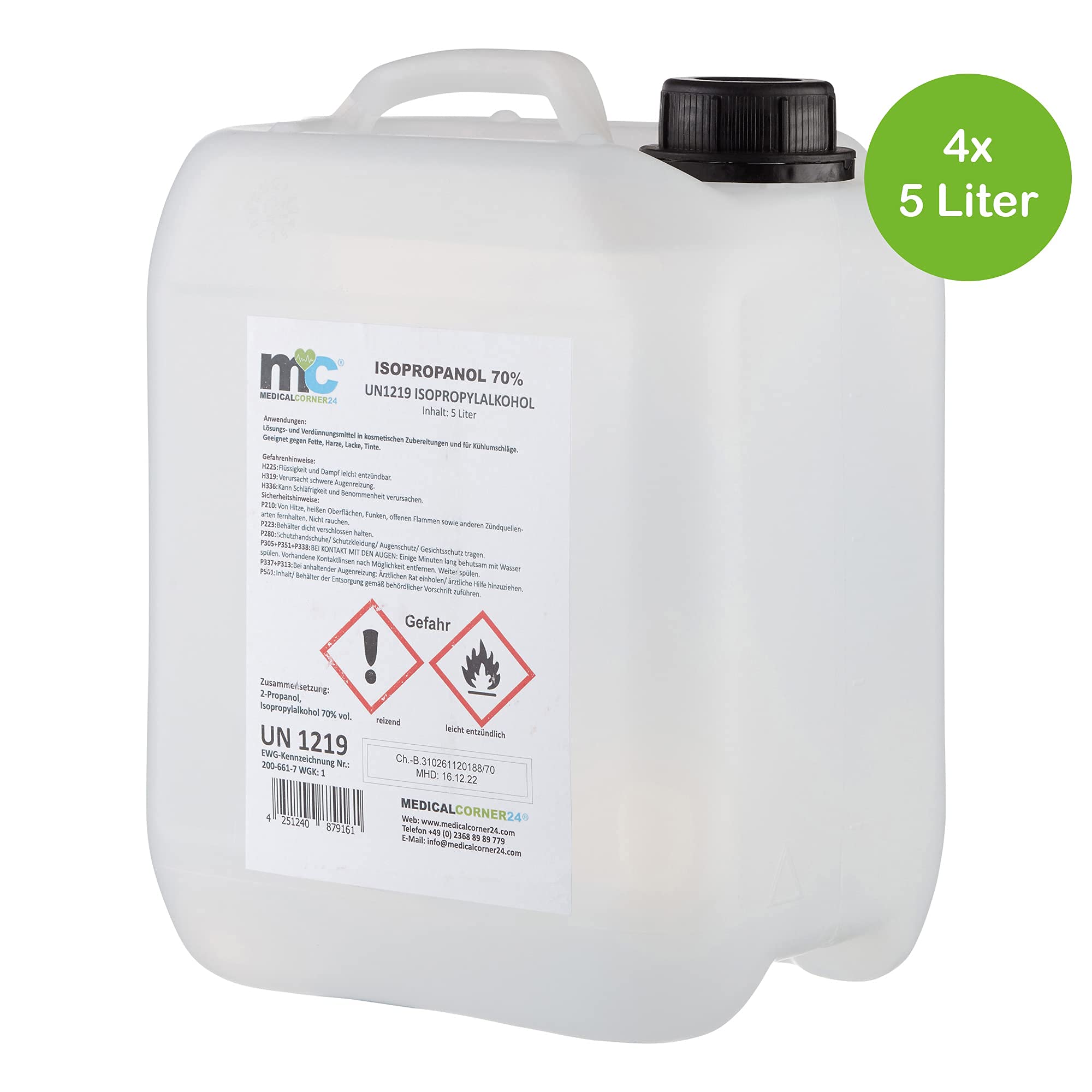 Medicalcorner24 Isopropanol 70% isopropylalkohol Garrafa de 4 x 5 l, Alcohol