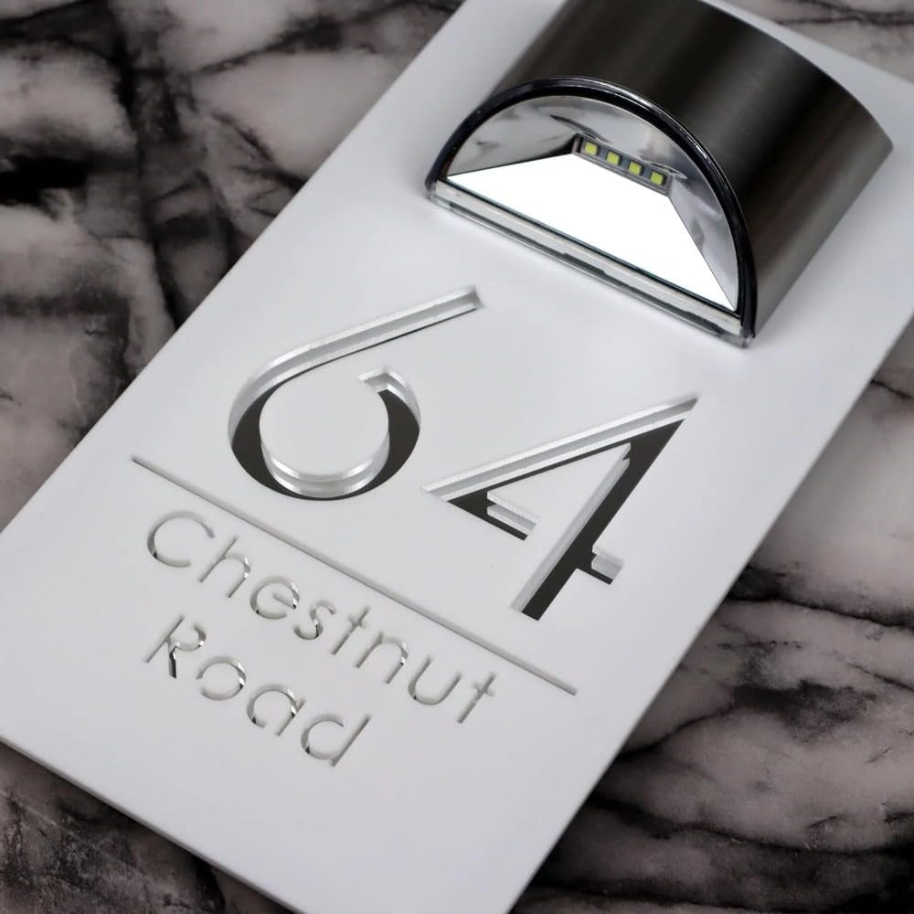Gorm White Silver Personalized Solar 3D House Number Sign House Numbers For Outside Light Up,Solar Address Signs For Yard,Solar House Number Sign,Custom House Numbers And Address Sign Led (,18X32cm)