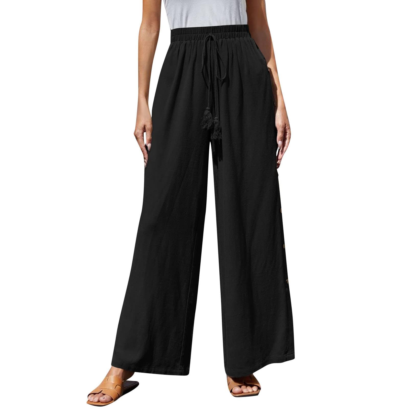 ZWRXW Womens Casual Wide Leg Pants High Waisted Business Casual Trousers Drawstring Elastic Waist Palazzo Pants with Pockets