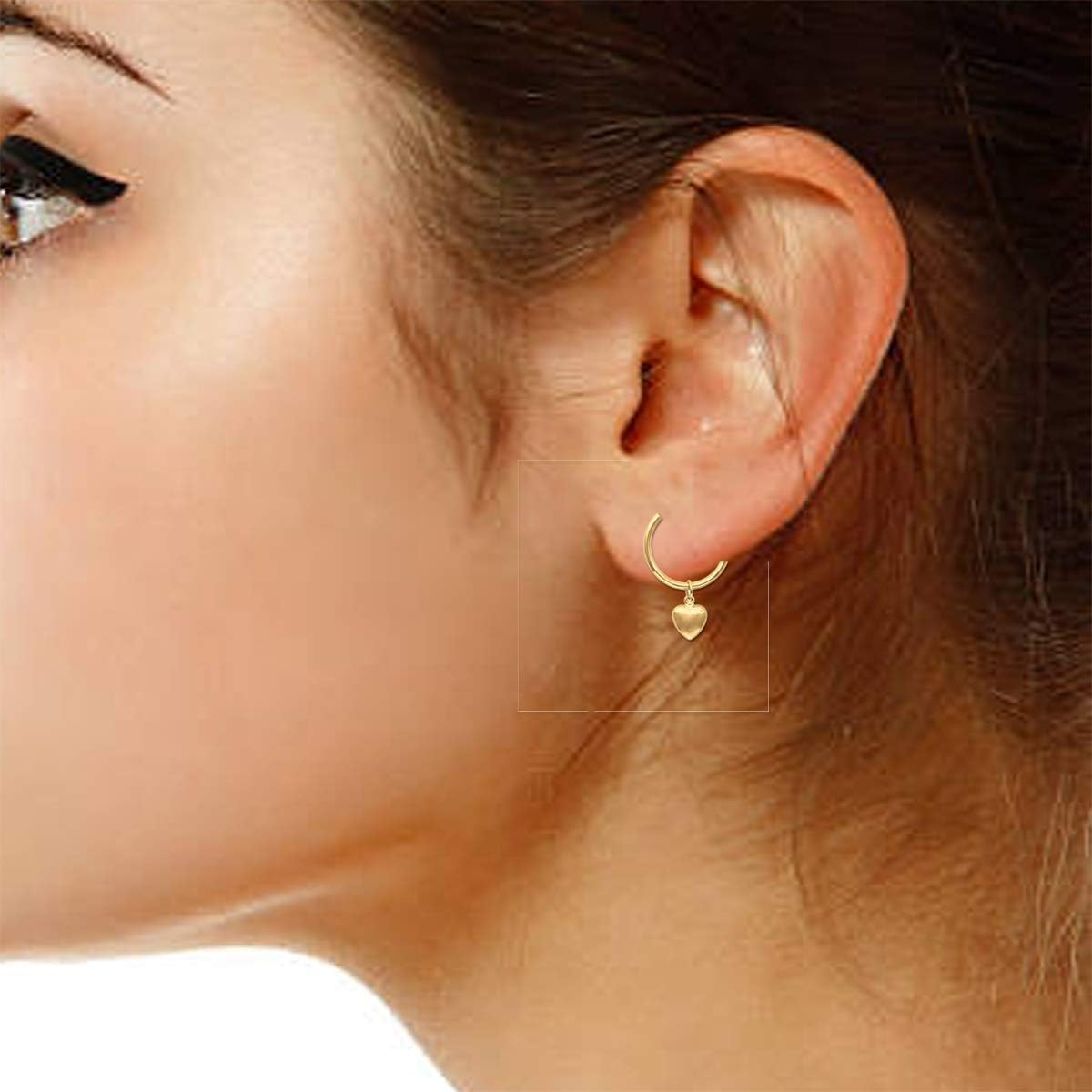 Ritastephens 14K Yellow Gold Small Dangle Mini Heart Hoop Earrings with Hinged Clasp 15MM