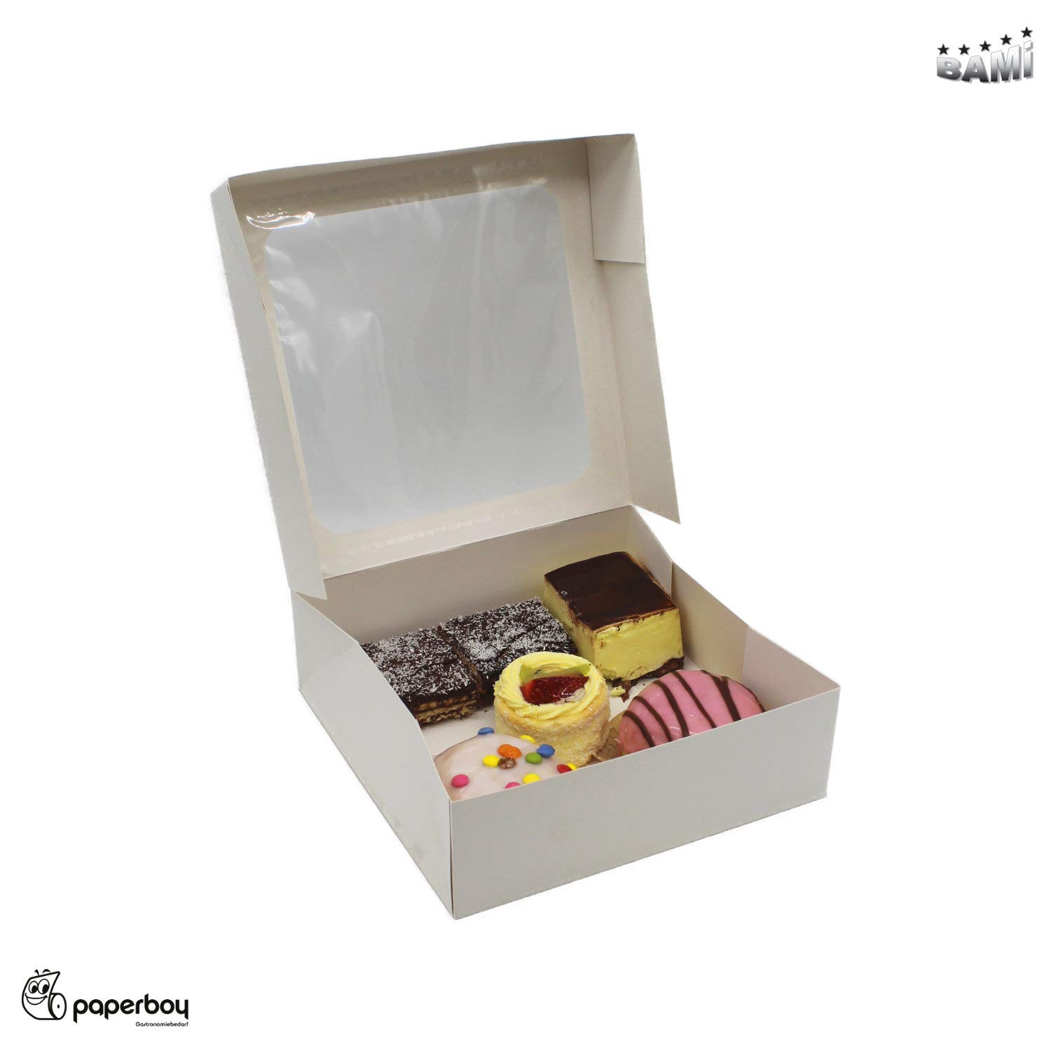BAMI Tortenkarton | Kuchenkarton | Konditorkarton | Tortenbox | Vollpappe, weiß mit Sichtfensterdeckel 30x30x8cm | 30 Stück