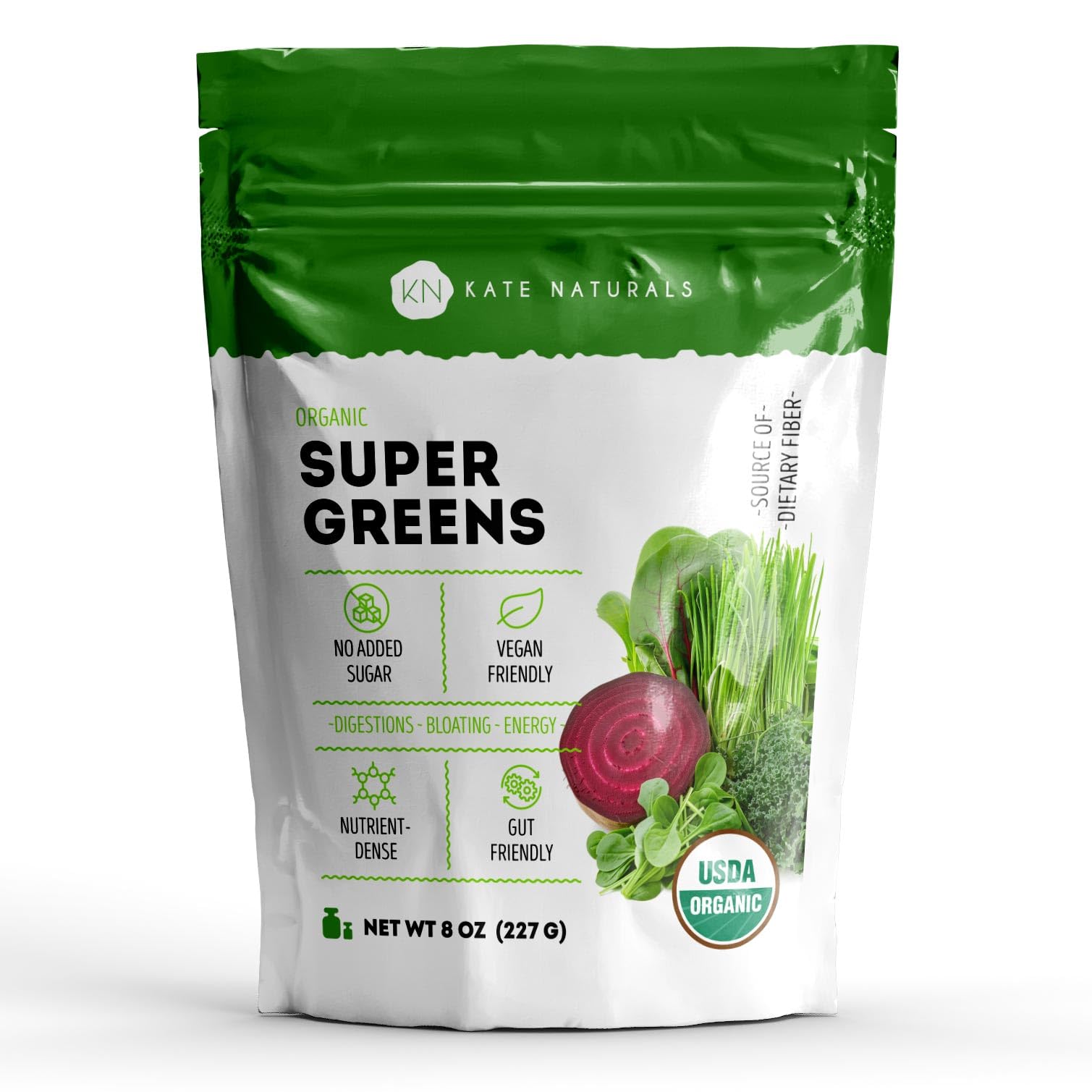 Kate Naturals Organic Super Greens Powder. Daily Greens Superfood Blend with Probiotics & Fiber for Smoothies and Juice (30 Servings, 8oz, Natural)USDA Organic