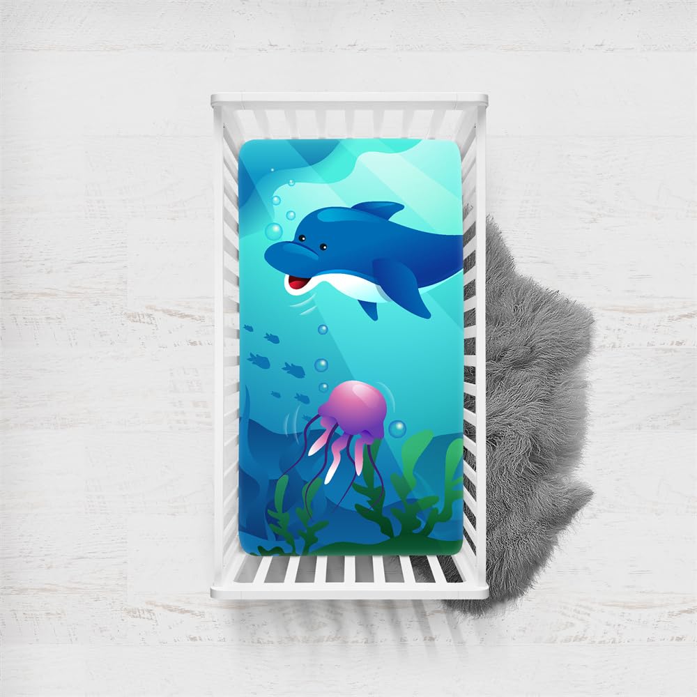 Odot Cot Bed Sheets Fitted Sheets Travel Cot Sheets Cartoon Ocean Island Print Microfiber Cozy Lightweight Breathable Mattress Protector for Baby Bedside Cribs Bassinet (80x160cm,Dolphin) — image 1