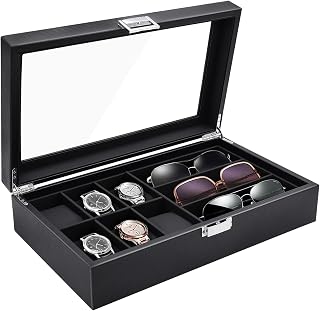 Watch Box Eyeglass Sunglass Organizer with Clear Top for Men/Women, Carbon Fiber Watch Holder Box Jewelry Case Sunglasses Storage, 6 Slot for Watch Display & 3 Compartment for Eyeglass Collection