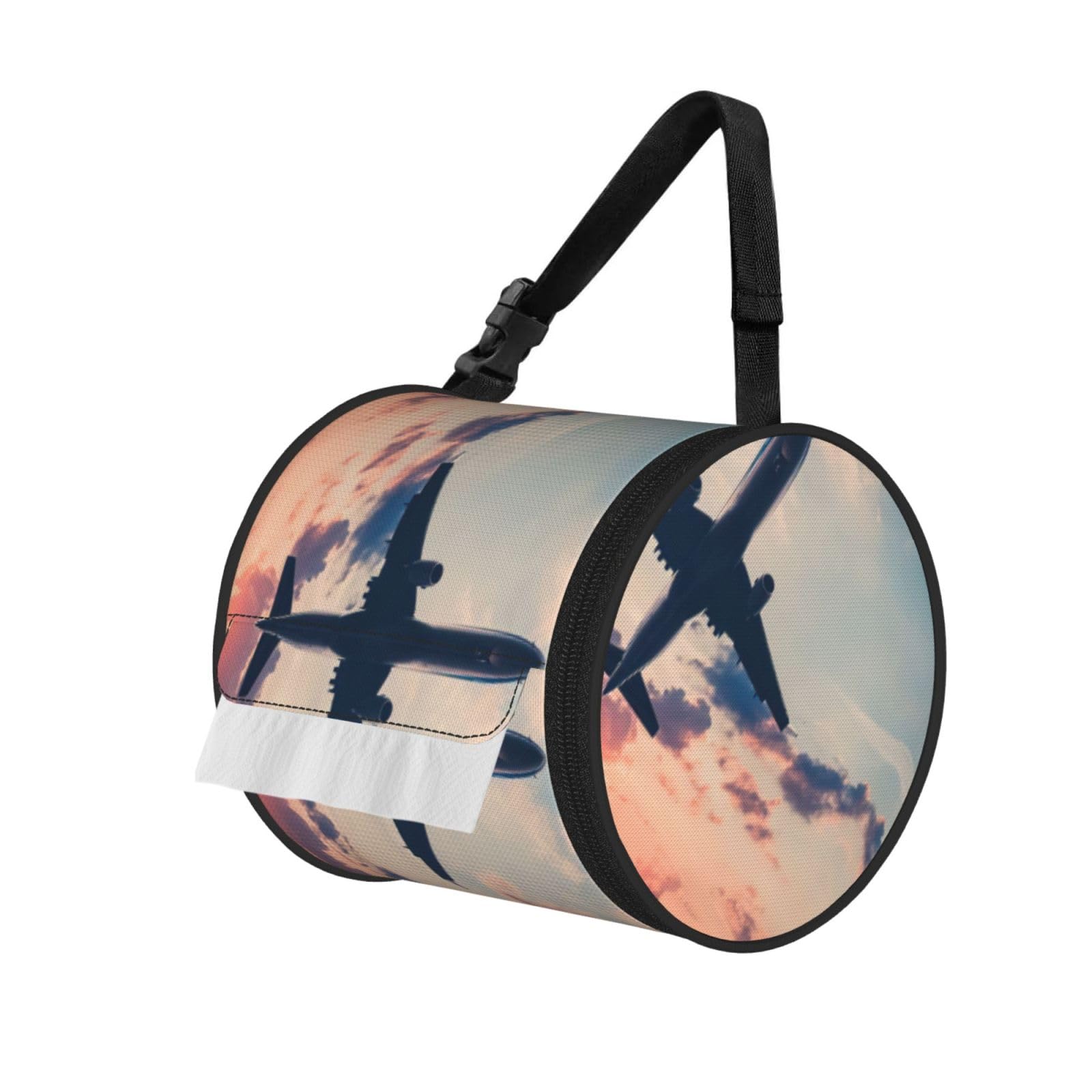 Airplane Sunset Sky Print Cylinder Tissue Holder Bag With Strap, Portable Roll Dispenser Case For Car Rv Camping