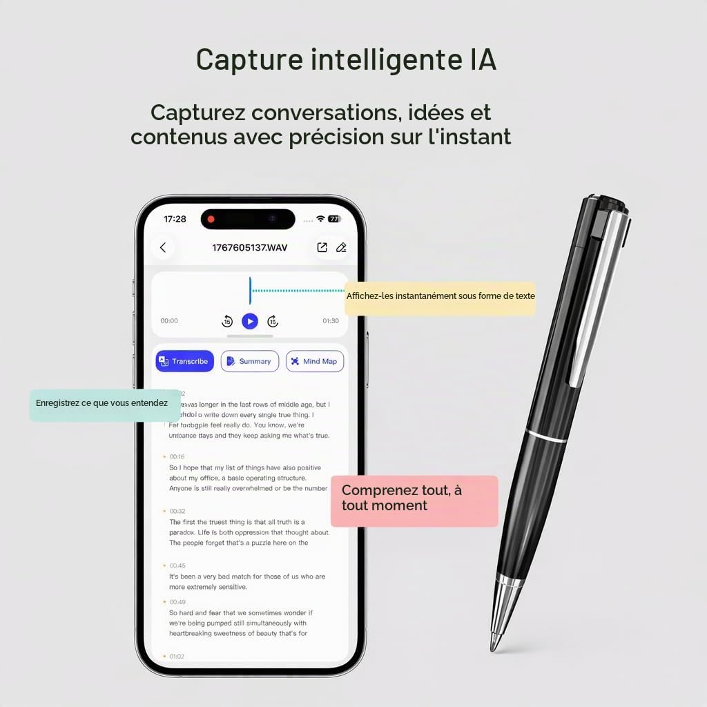 SKARA Dictaphone IA avec Transcription, Enregistreur Vocal 150 Langues avec Résumé IA & Cartes Mentales, Mini Enregistreur Audio pour Réunions, Cours et Interviews