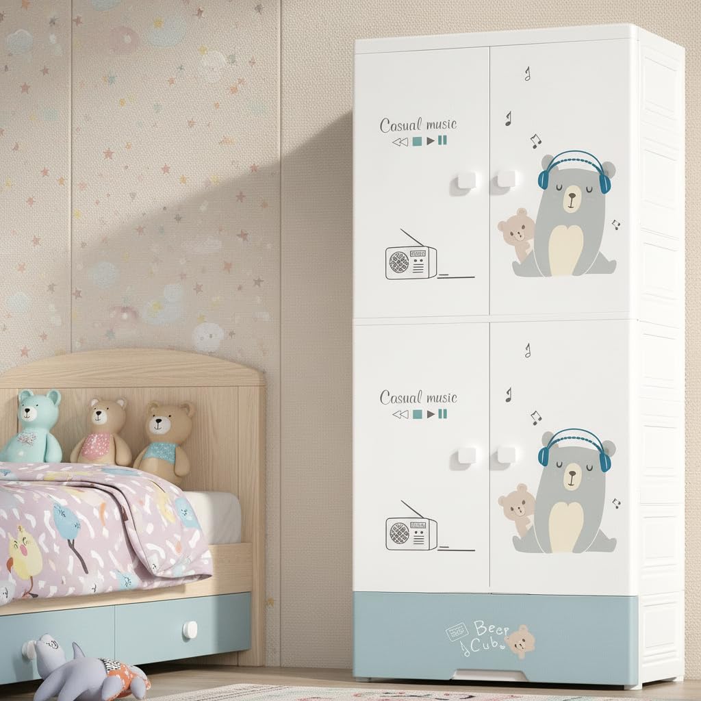 Mevigo 4-Door Plastic Wardrobe for Kids| Almirah and Wardrobe for Baby Clothes| Modular Storage Cabinet with Wheel Organizer for Cupboard Rack for Clothes/Shoes/Books/Toy -Music Bear-SJ6530