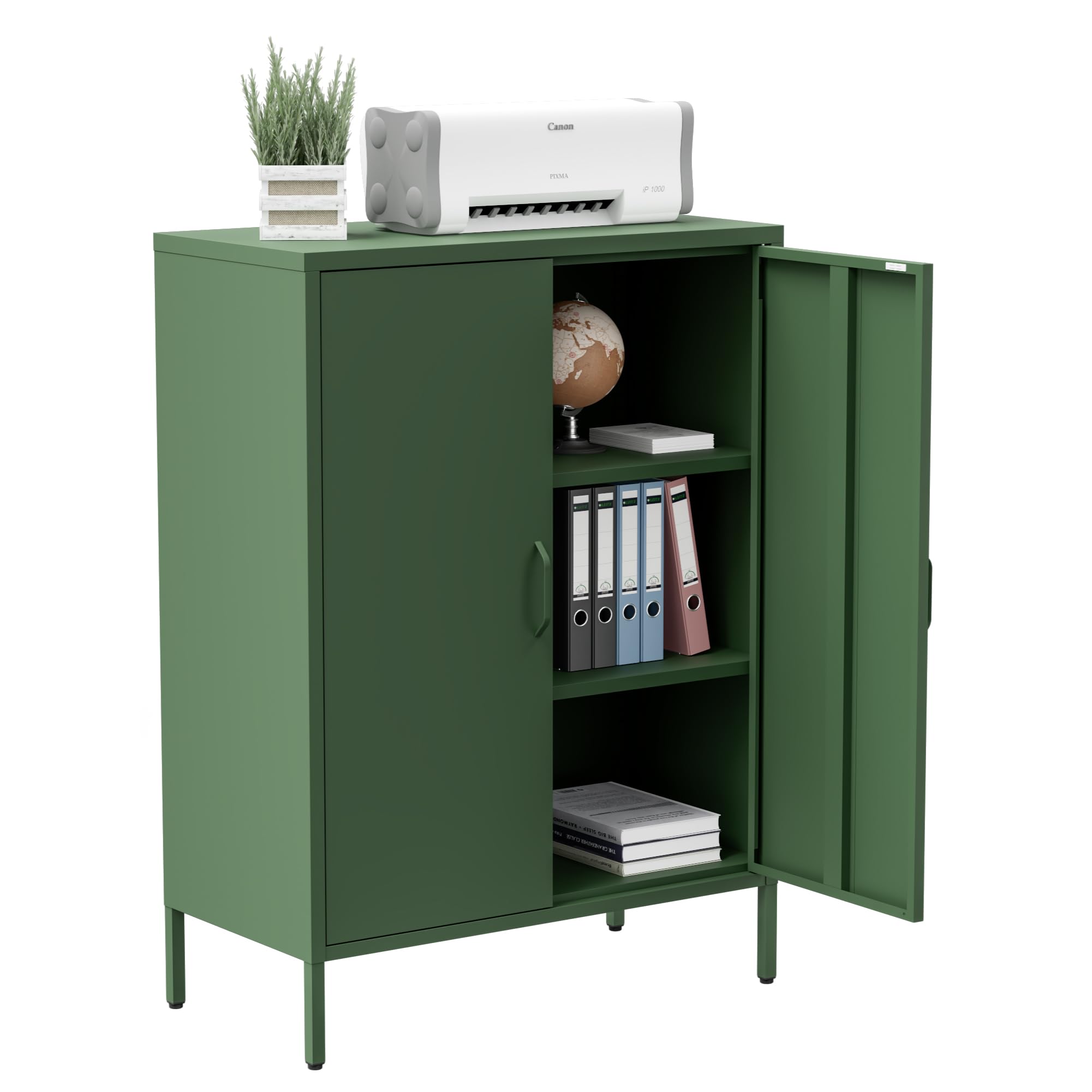 Washsemba Metal Storage Cabinet with Doors and Shelves,Multipurpose Storage Rack, 3-Tier Shelf,Metal Locker Style Accent Cabinet for Home Office,Living Room,Kitchen (Forest Green, 40''H)