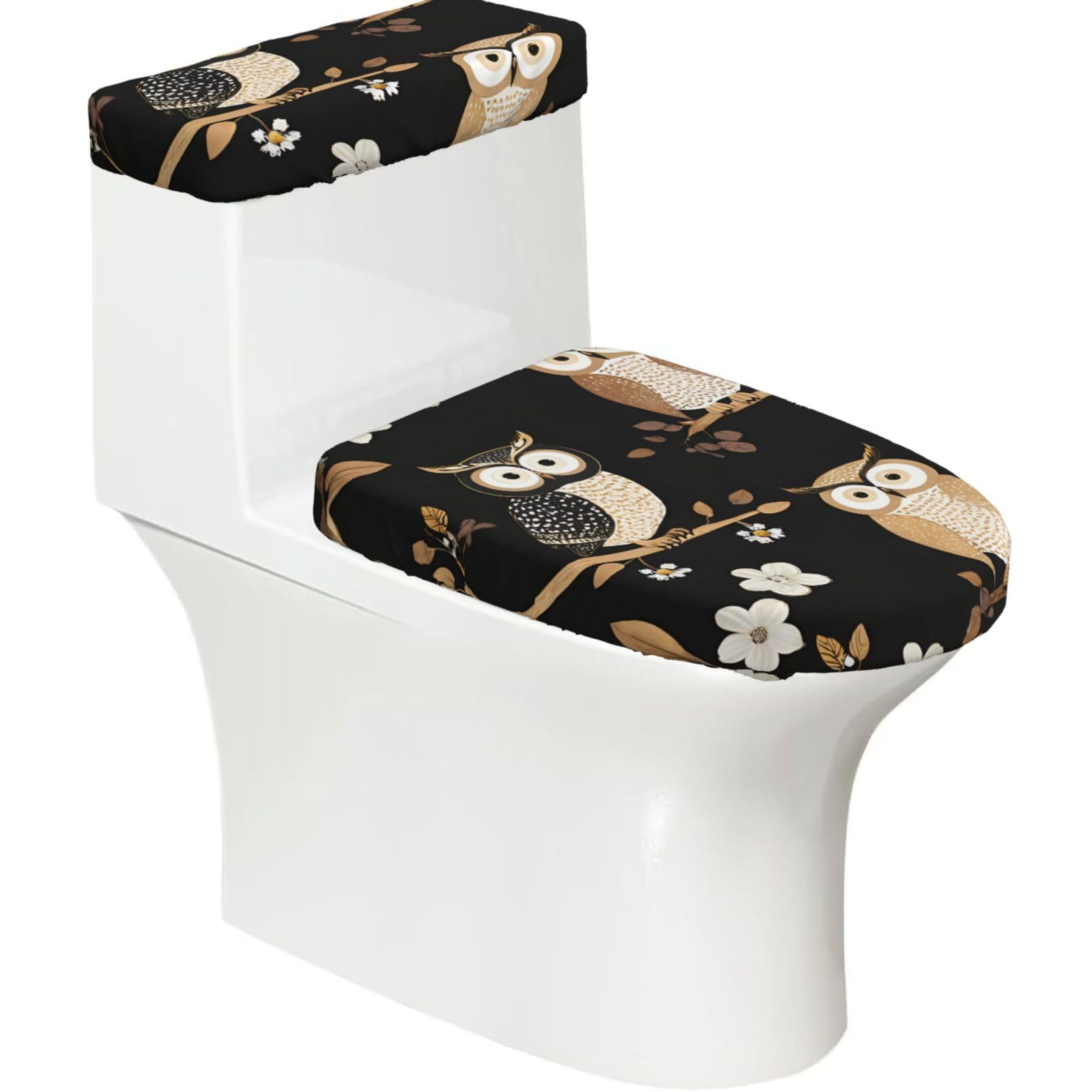 X Psblty Brown Cartoon Owls Toilet Seat Cover Set 2 Piece Bathroom Decor Toilet Lid Cover With Tank Top Cover Stretch Fit Soft Fabric For Home 15-21 Inch